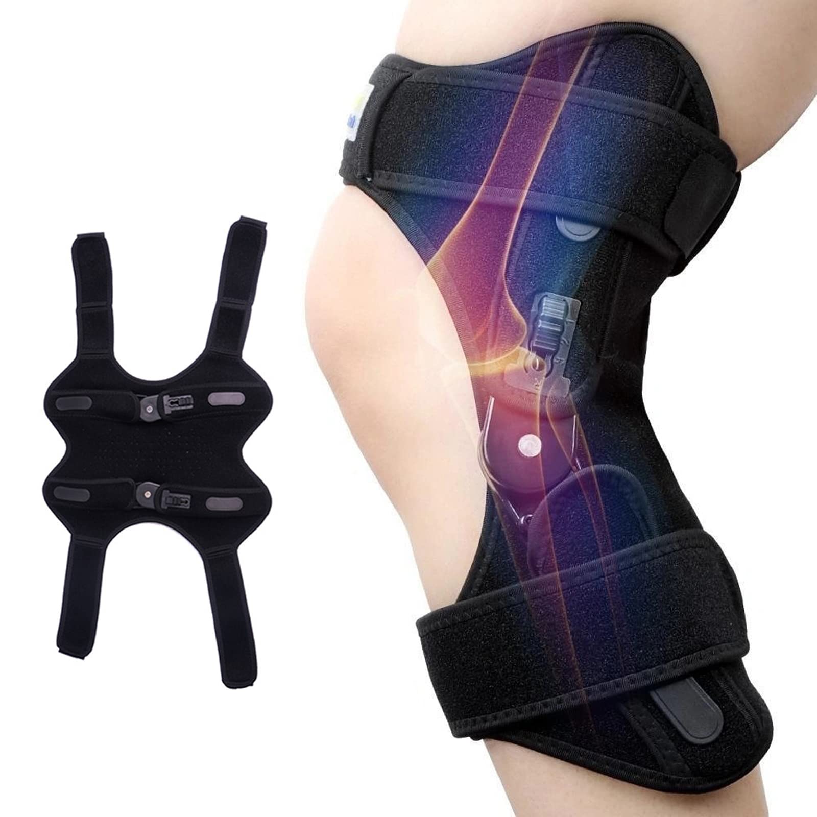 Kniebandage mit seitlichen Stabilisatoren für Knieschmerzen, Knie-Booster, verstellbare Dekompressions-Kniestützen für Treppensteigen, Bergsteigen, Sport und schwere Arbeitshandhabung (2er-Pack),Black