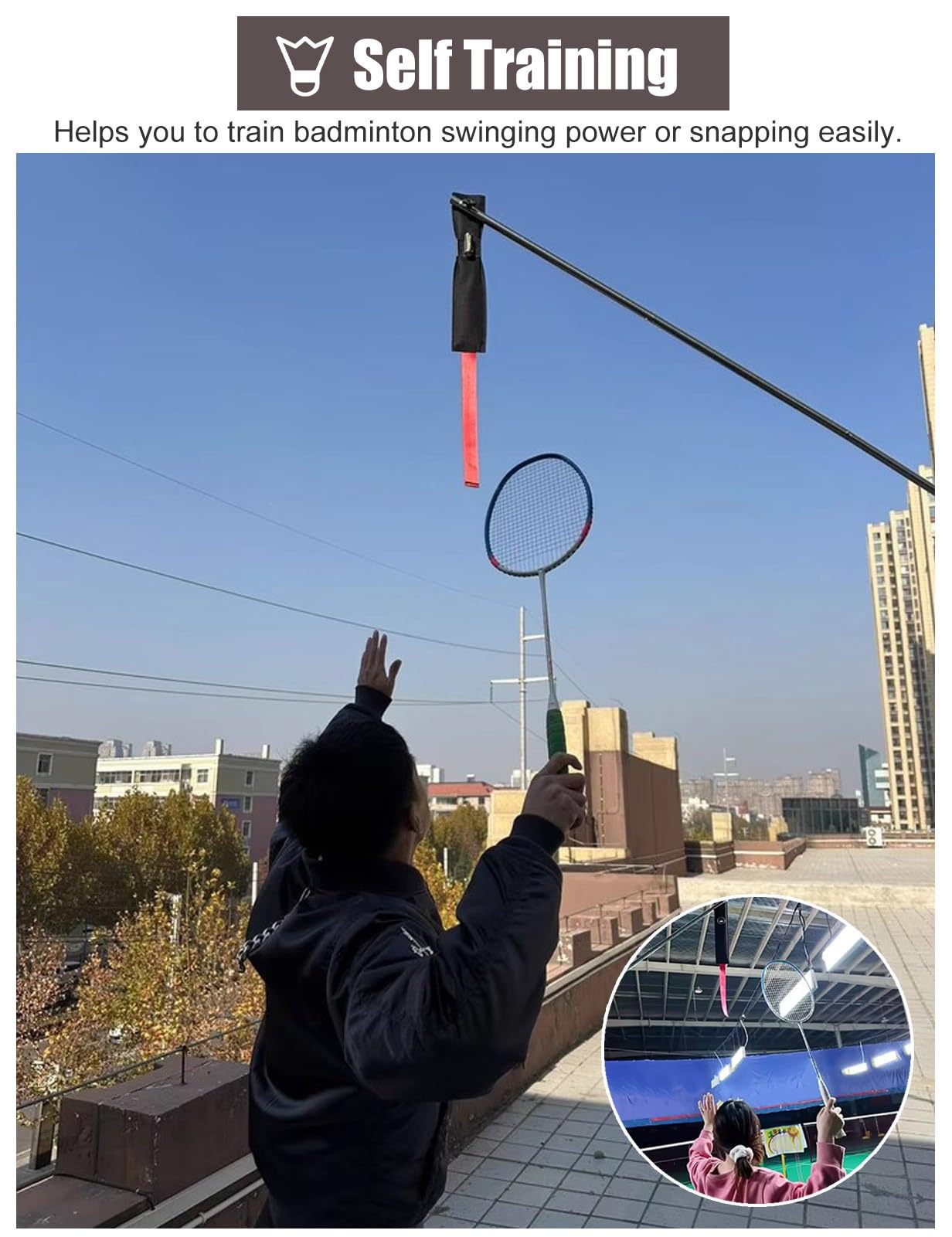 ZIMGOD Single-Player Badminton Trainer Practice Device, Indoor Home Badminton Training Equipment, Self Study Badminton Exercise Set for Yard/Court/Gym