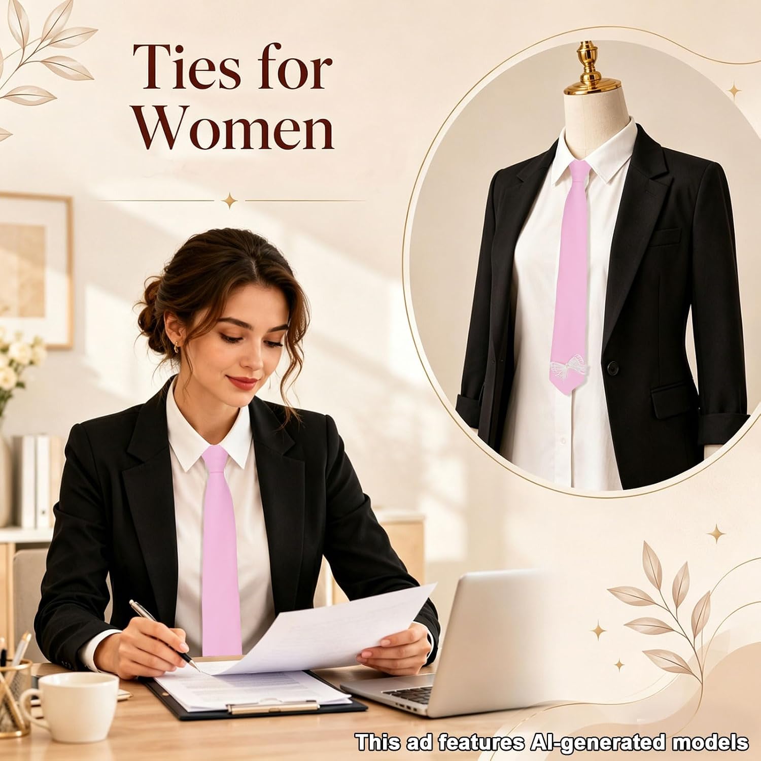 Ties for Women, Self-tied Womens Tie Solid Color Ladies Neck Tie with Butterfly Decoration for Party