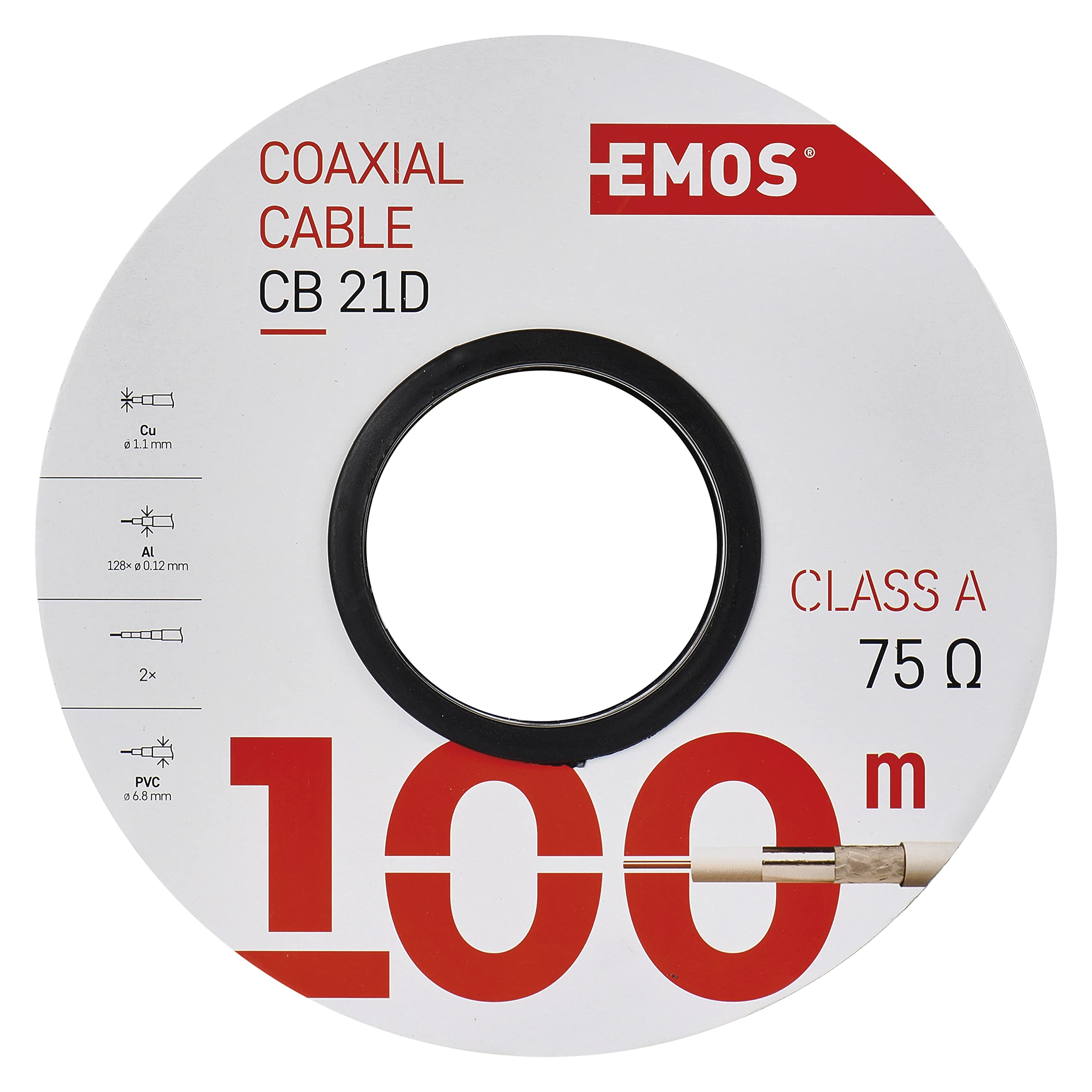 EMOS Cavo antenna 100 m bianco coassiale CLASS A per SAT, TV e CCTV tipo CB21D doppia schermatura, 110 dB, resistenza 75 ohm