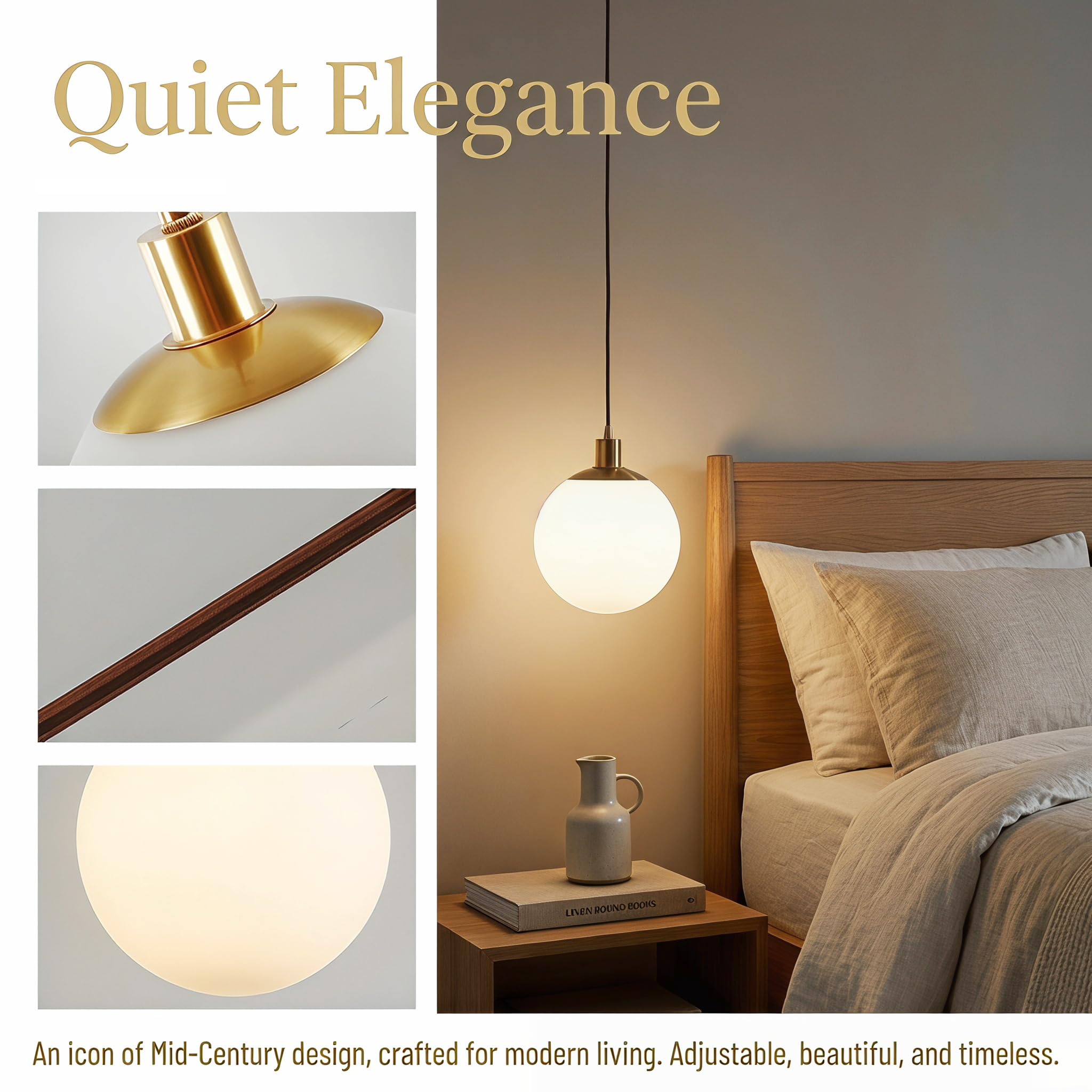 Lampadario Minimalista a Sfera in Vetro Bianca, Lampada a Sospensione Moderna E27 con Finitura in Ottone per Cucina Camera da letto Sala da pranzo (20cm)