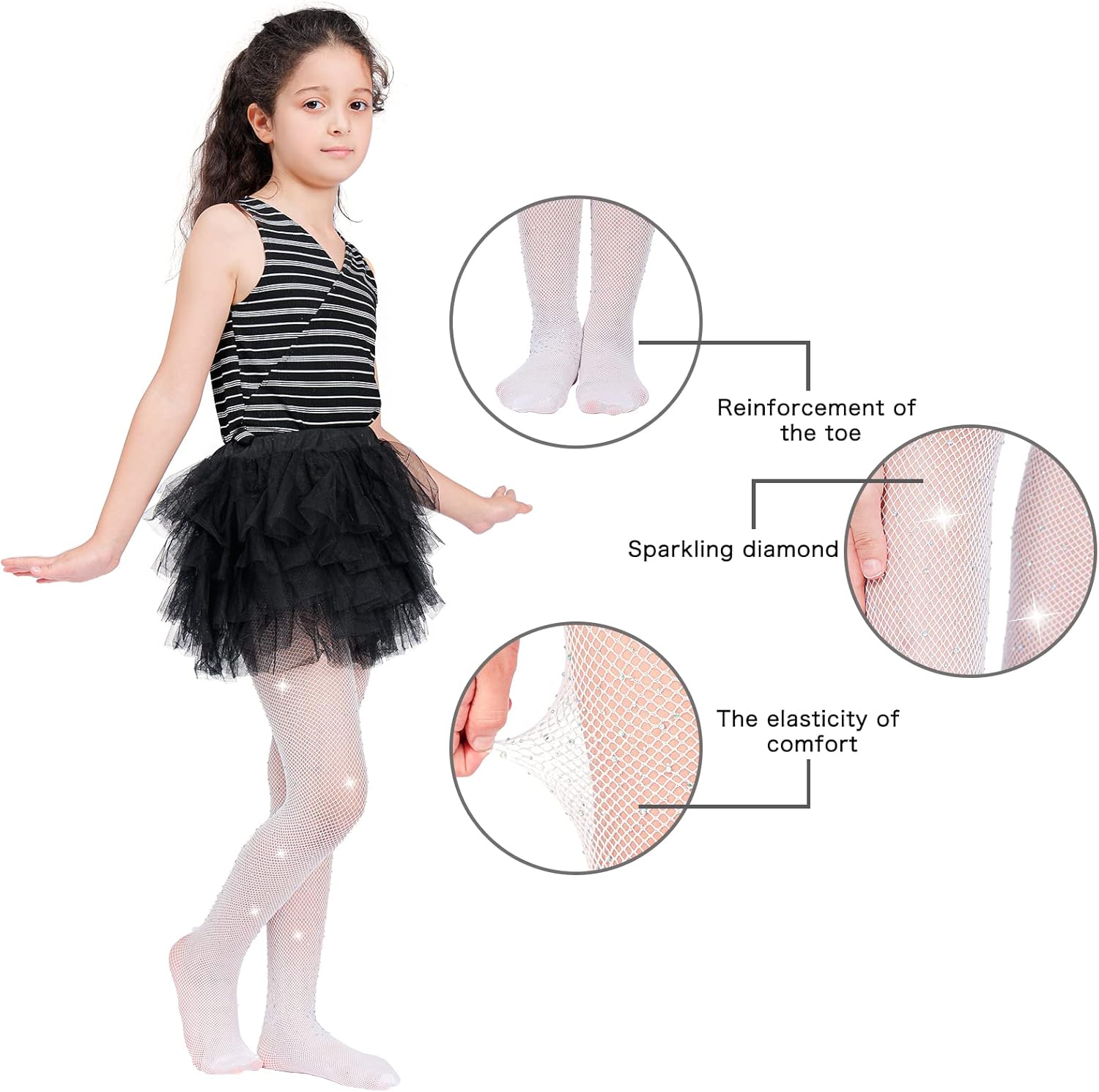 MANZI Rhinestone Fishnets Tights for Girls White Sparkly Black Tights for Girls Fishnet Stockings (Pack of 2) - Image 7