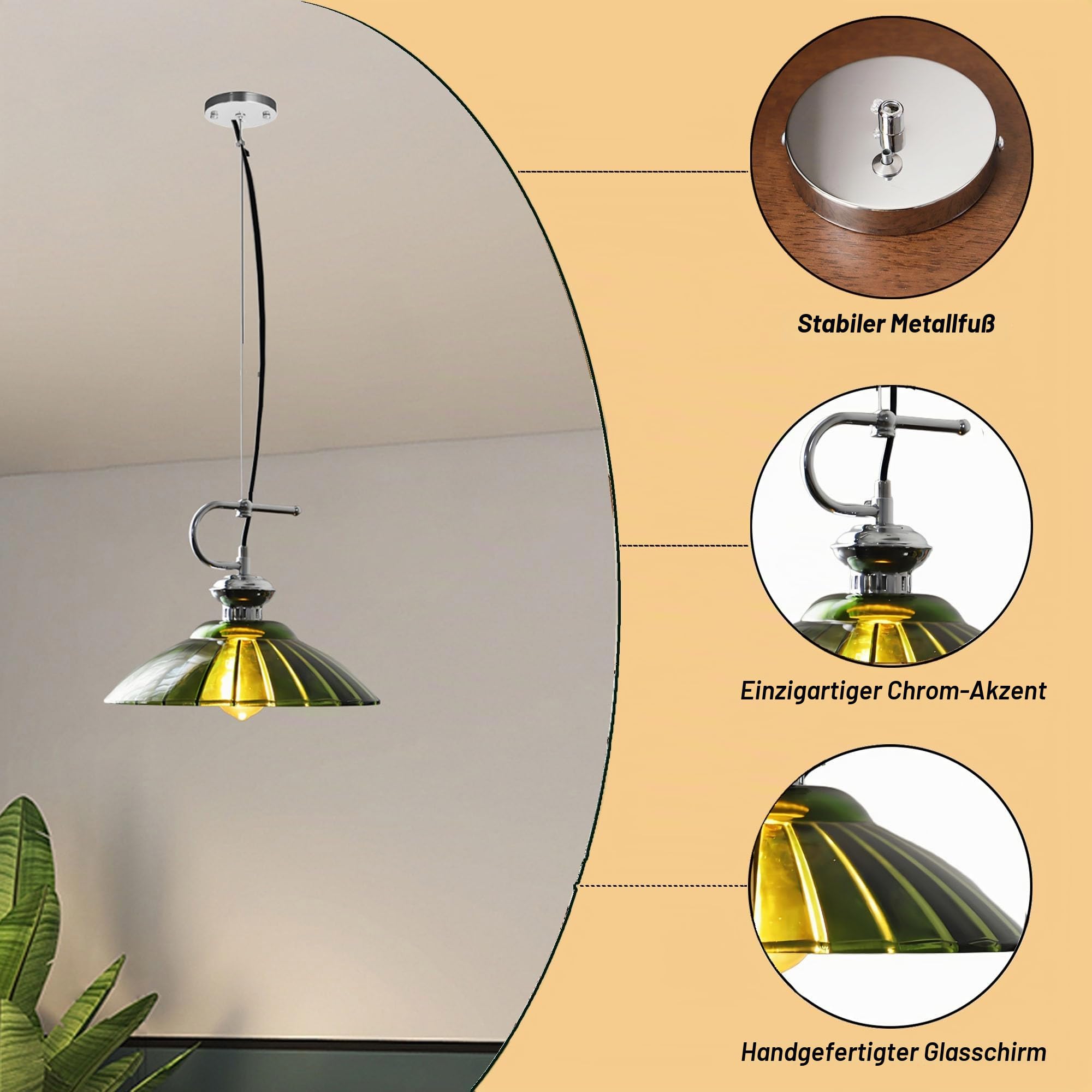 Industrielle Glas Pendelleuchte mit Chrom-Akzenten & 180cm verstellbares Hängekabel, E27 Vintage Hängelampe für Küche Esszimmer Schlafzimmer (Grün, 25cm)