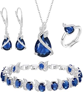 BriLove Bridesmaid Jewelry Set: Sparkling Water Drop CZ Necklace, Leverback Earrings, Tennis Bracelet & Adjustable Ring - Wedding Gift