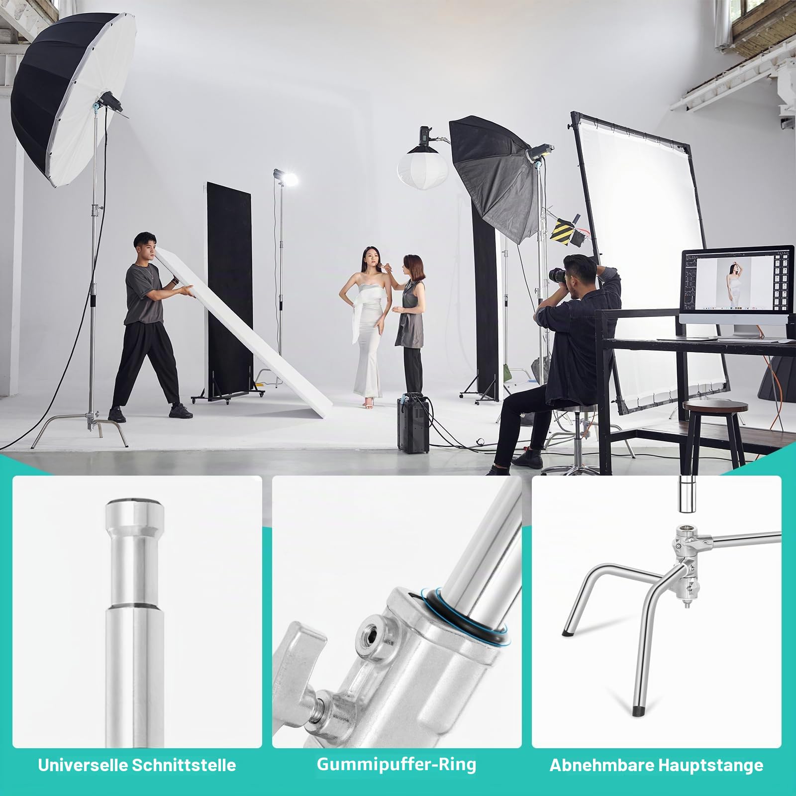 C Stand 100% Edelstahl Heavy Duty mit Auslegerarm,Max Höhe 330cm Verstellbarer C Ständer Lampentständer mit 127cm Haltearm, 2 Griffköpfe für Studio Monolight, Softbox, Reflektor