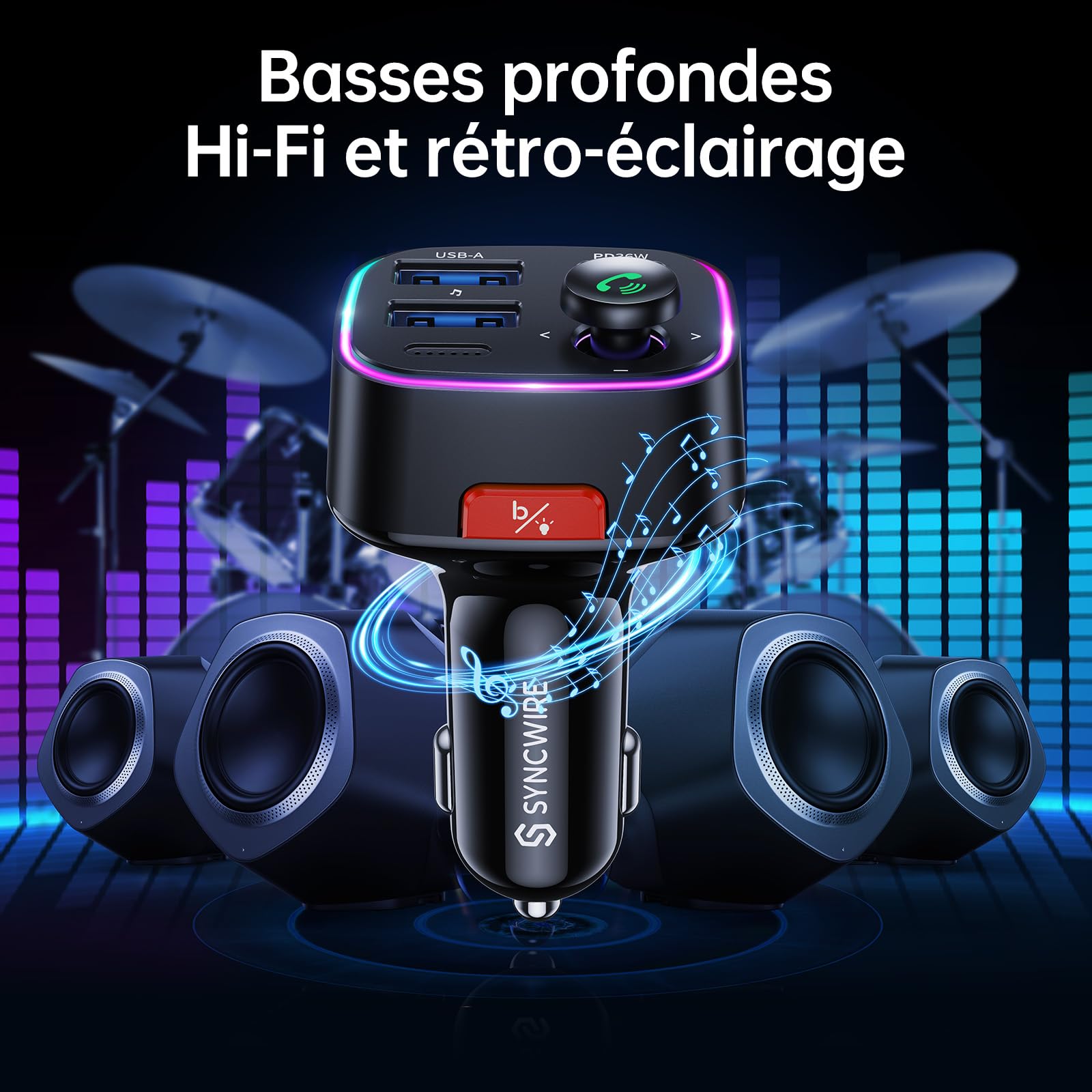 SYNCWIRE Transmetteur FM Bluetooth 5.4 Voiture, 48W Max(PD 36W et 12W) Bluetooth Adaptateur de Charge Deux USB pour Voiture, Radio sans Fil, Affichage LED, Appels Mains Libres, Support Clé USB 64GB