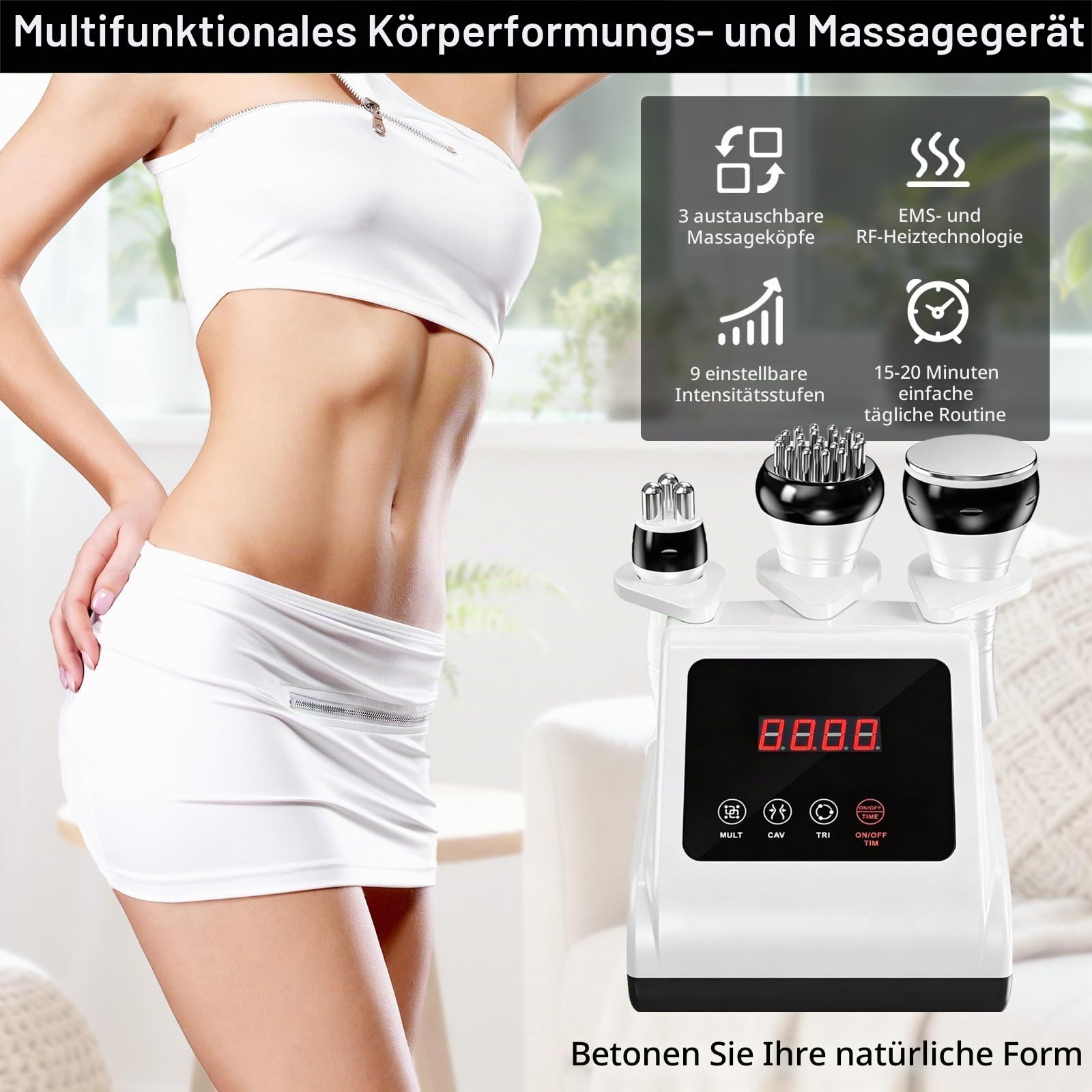 3-in-1 Radiofrequenz-Gerät für Gesicht und Körper, Kavitation 40 kHz, RF, EMS, Rotlicht & Wärmefunktion,9 Intensitätsstufen,zur Hautstraffung und Körperformung
