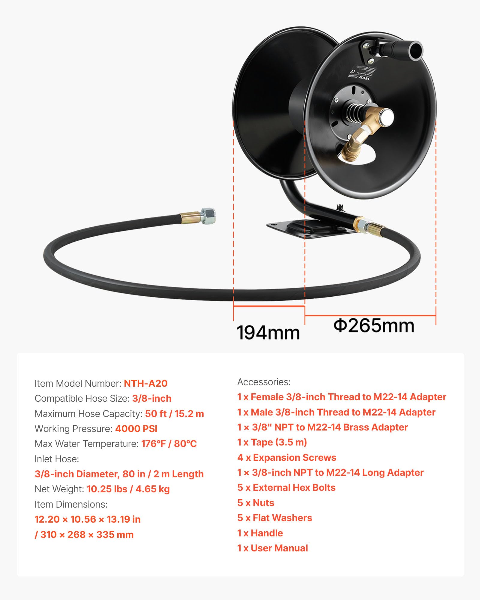 VEVOR Enrouleur de Tuyau pour Nettoyeur Haute Pression 15,2 m x 9,5 mm, Dévidoir Acier Montage sur Support, Mur, Sol, Pression Maximale 275,8 bar, Manivelle Manuelle pour Lavage Voiture, Sol, Jardin