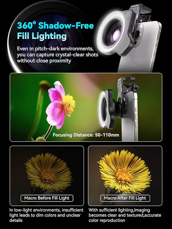 APEXEL 100Ultra Macro Lens with Ring Light - Enhanced Version Smartphone Lens for iPhone, Samsung, Pixel