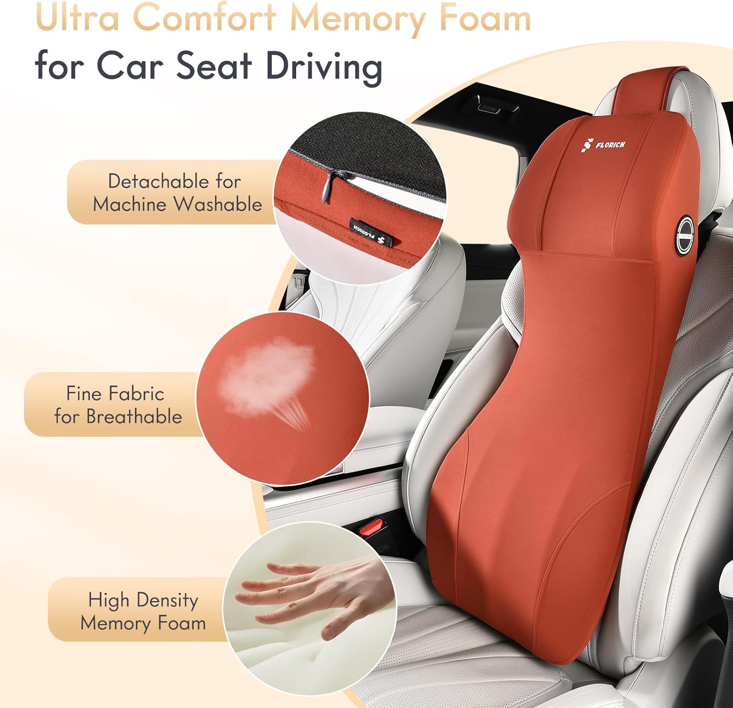 FLORICH 2-in-1 Lumbar Support with Headrest Pillow for Car Ergonomic Memory Foam Car Seat Back Cushion Integrated Lumbar Pillow with Car Neck Pillow for Driving Seat Relief Back Sciatica Pain, Red - Image 3