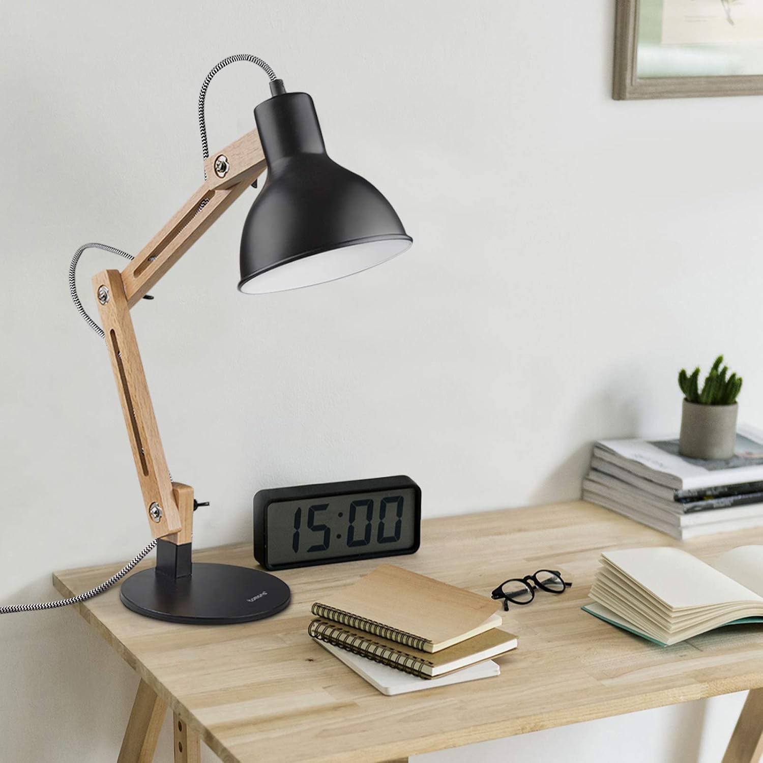Tomons Swing Arm LED Desk Lamp, Wood Designer Table Lamp, Reading Lights for Living Room, Bedroom, Study, Office, Bedside Nightstand Lamp with 4W LED Bulb - Black