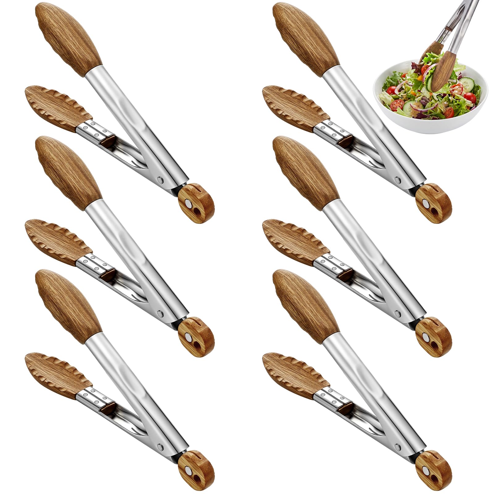 Honeydak Küchenzangen aus Walnussholz, 17,8 cm, Edelstahl, Salatzange mit Walnussholzspitze, Kochutensilien-Set zum Servieren von Lebensmitteln, Grillen, Buffet, Hochzeit, Party, Vintage-Stil