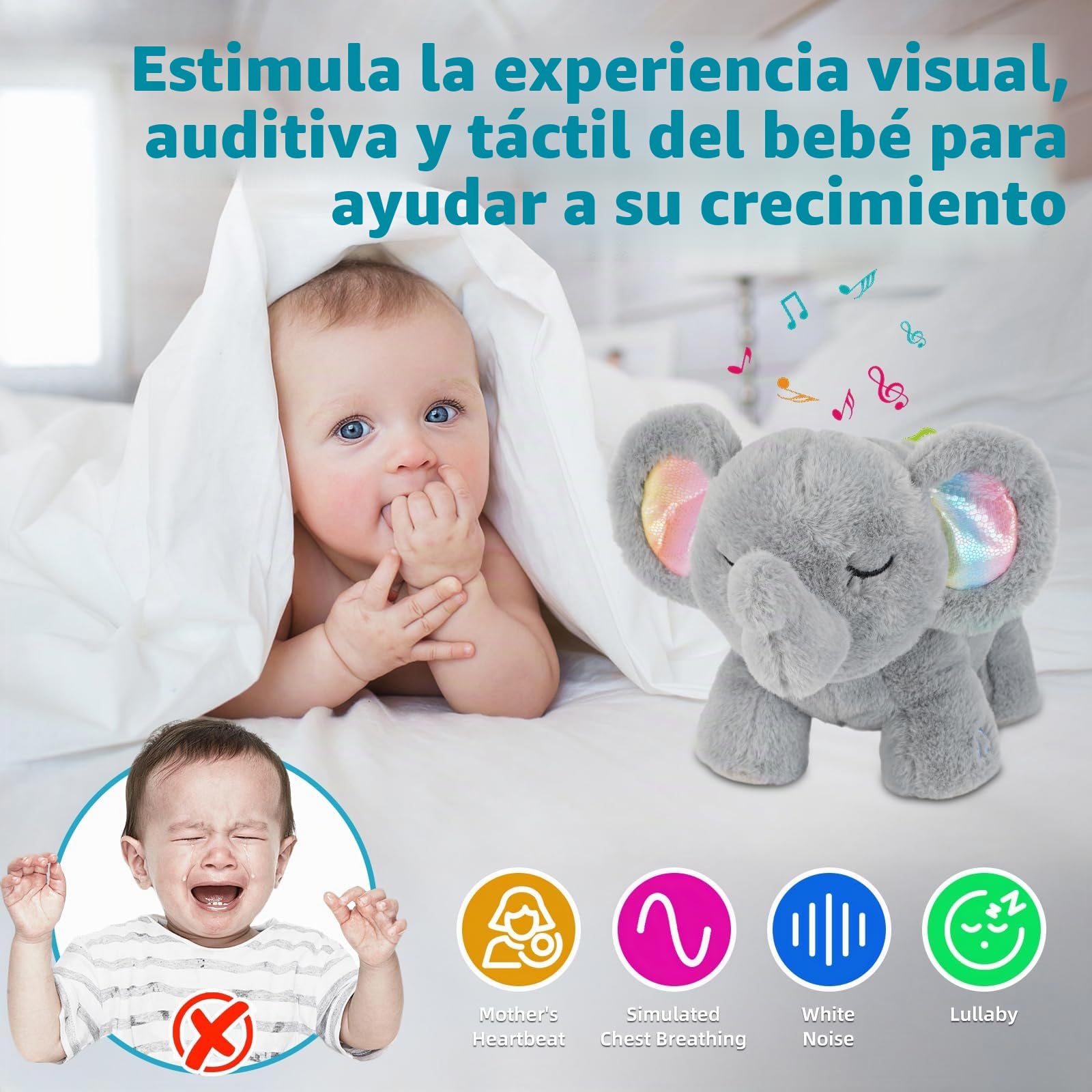 Elefante Dormilón Peluche Musical, Elefante que Respira para la Ansiedad - Peluche con Ruido Blanco para Bebés