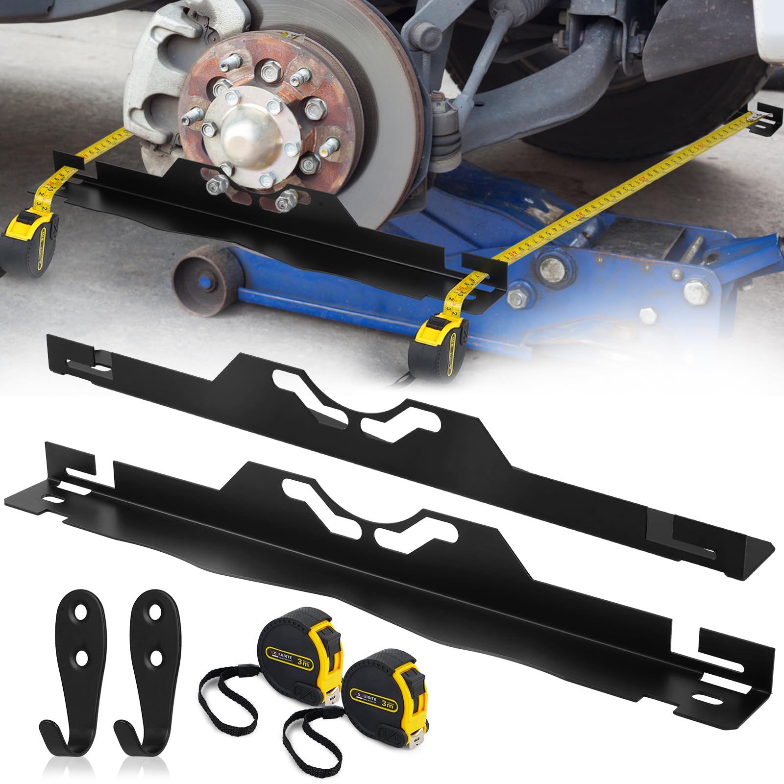 YAKUHY 2Pcs Heavy Duty Toe Alignment Tool Plates Set with 2 Measuring Tapes and 2 Wall-Mounted Storage Hooks, Upgraded Stainless Steel Wheel Alignment Plates for Car Front-End Alignment, Black