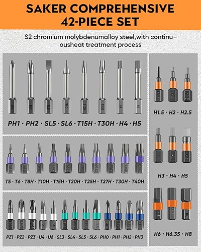Miniatura 5 de Saker Kit de destornilladores magnéticos 42 en 1 con mango en T de trinquete y caja de almacenamiento compacta, juego de puntas múltiples para el