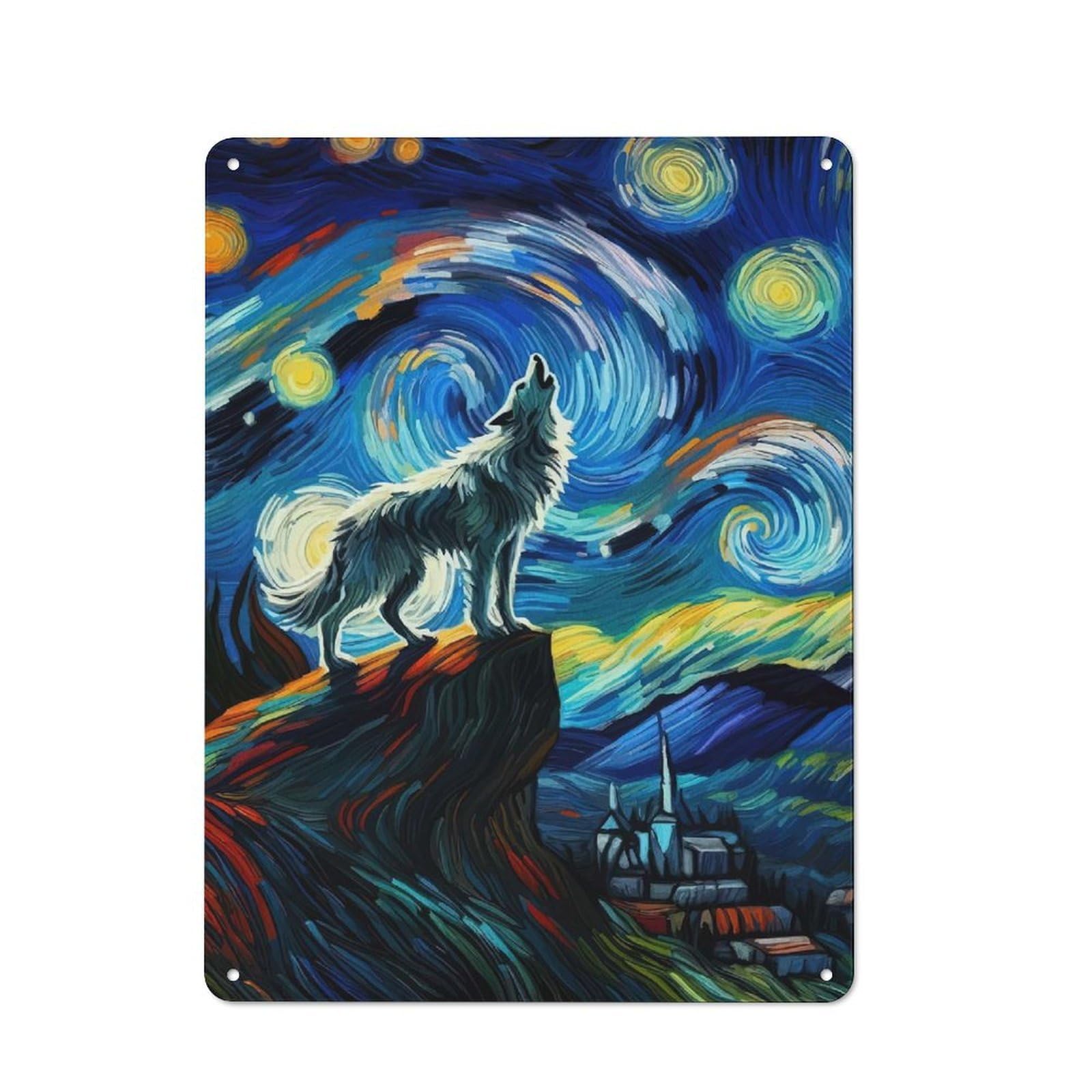 Junmoney Style-19 Wolf Howling Under Starry Night Sky Retro Metal Wall Decor 40X30cm, Decorative Tin Sign For Kitchen, Hallway, Bar Or Small Cafe