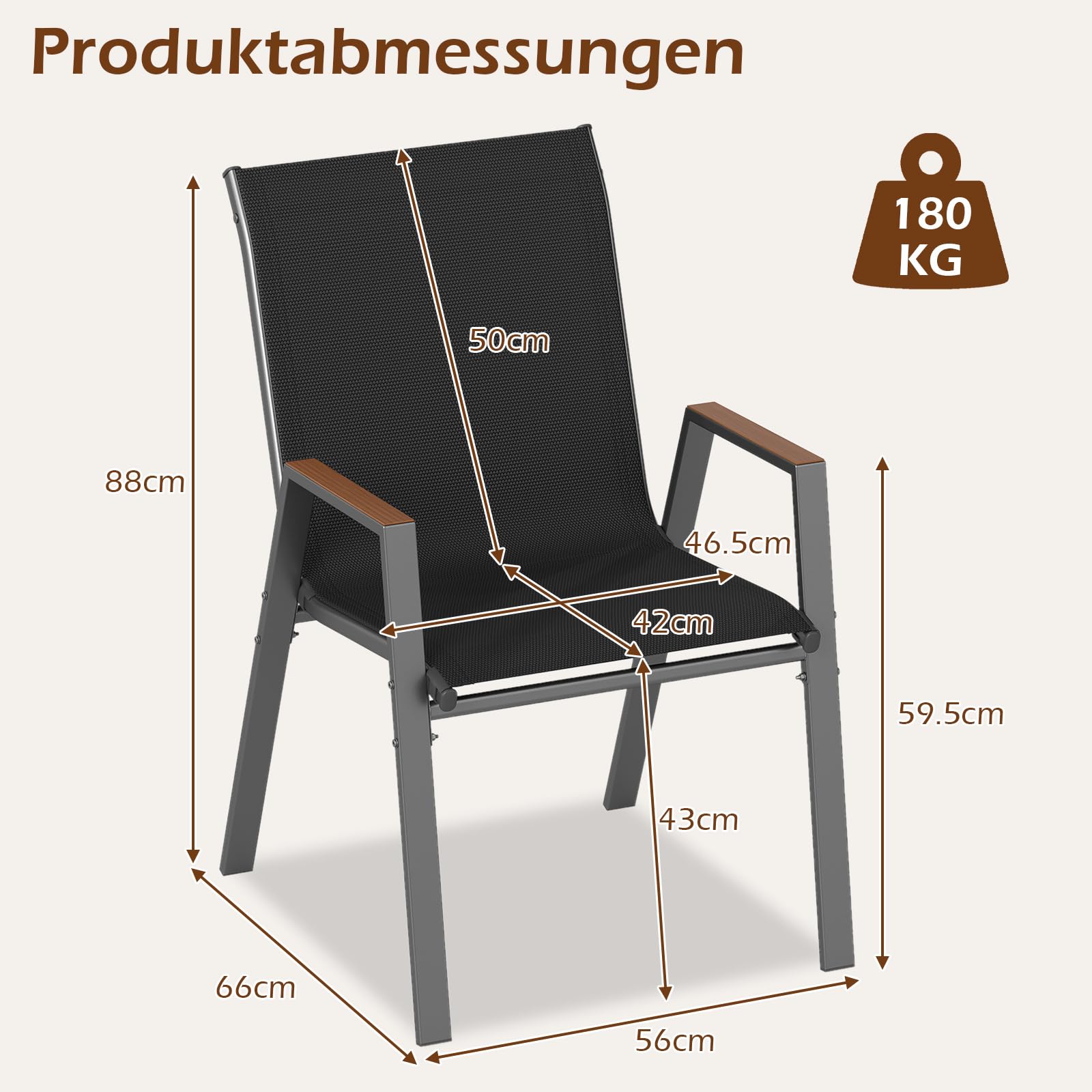 COSTWAY Gartenstühle stapelbar 2er Set, Stapelstühle, Terrassenstühle mit Armlehnen, Balkonstühle bis 180 kg belastbar, 56 x 66 x 88 cm, Schwarz