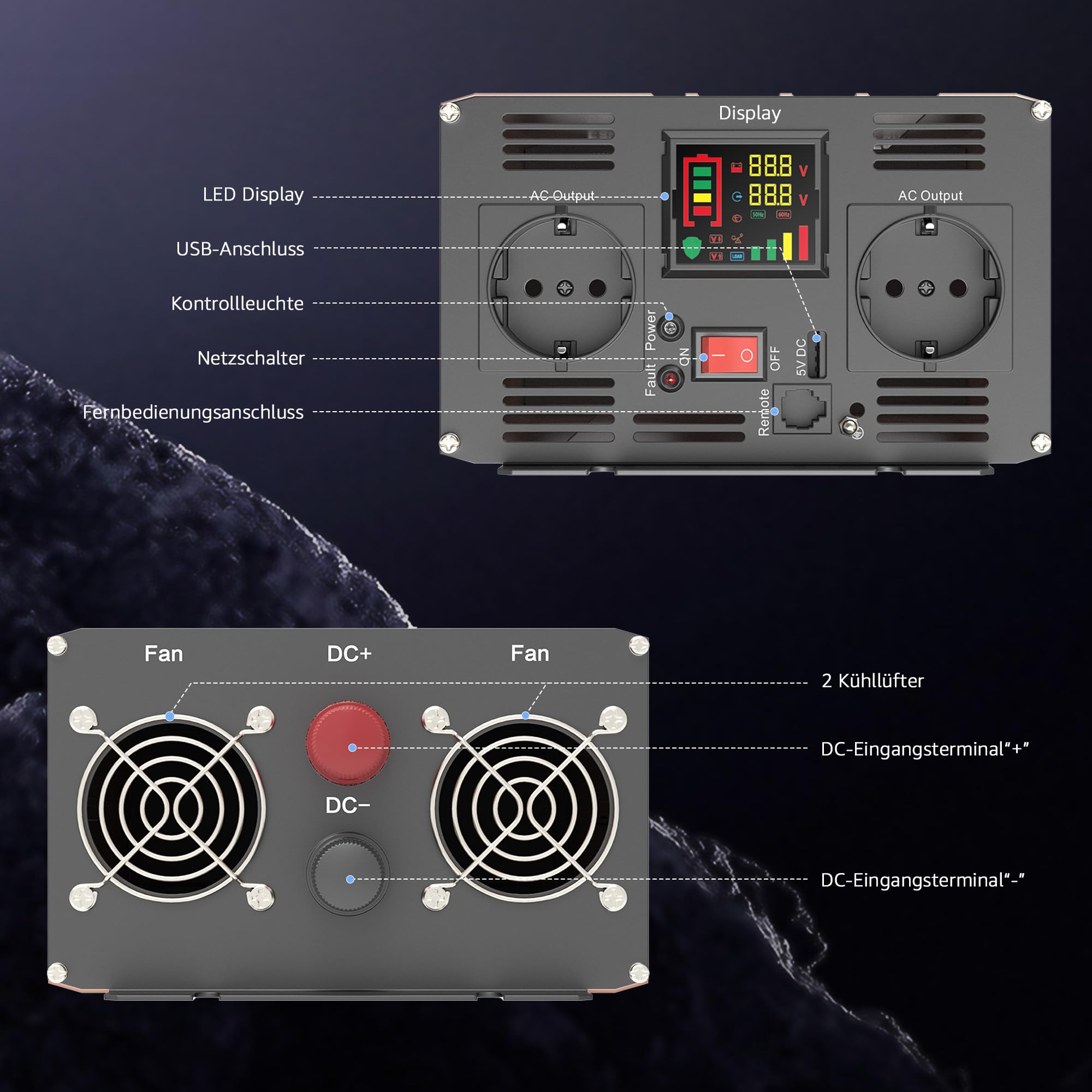 XWJNE Inverter onda sinusoidale pura 1000W/2000W 12V a AC 220/230V Onda Pura Convertitore con telecomando e Display LED Protezione Multipla Trasformatore di Potenza Convertitore