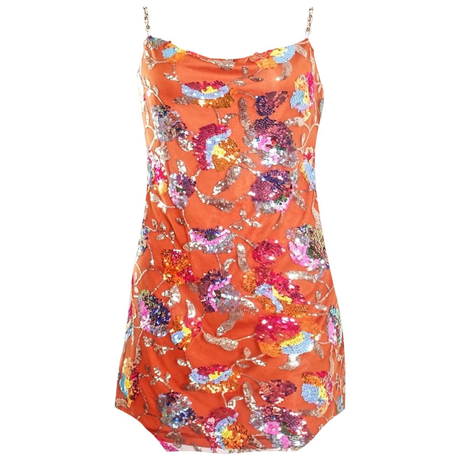 Robe courte sexy orange dos nu à paillettes pour soirée chic