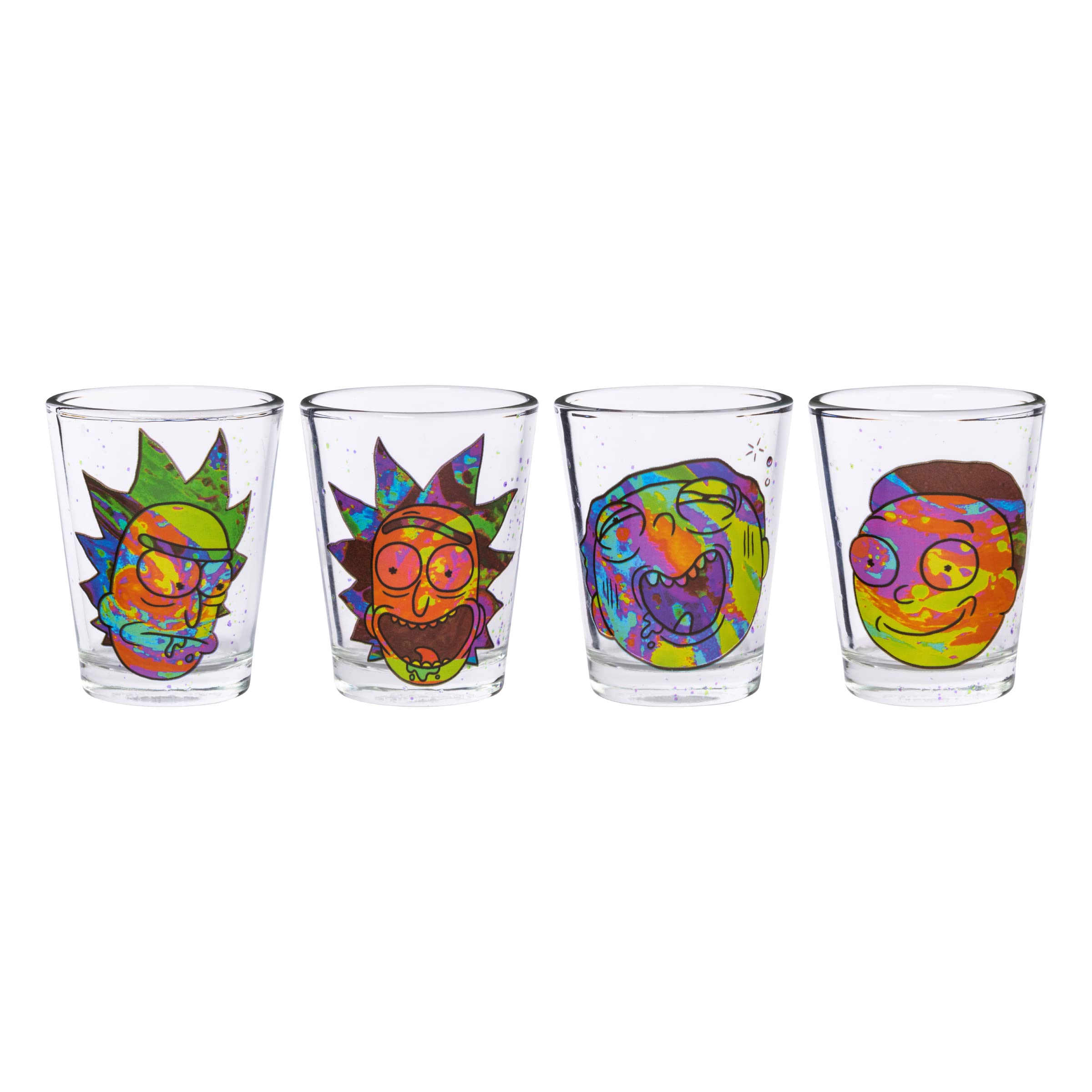 Silver Buffalo Rick and Morty Colorful Faces 4-Pack Mini Glass Set, 1.5-Ounce
