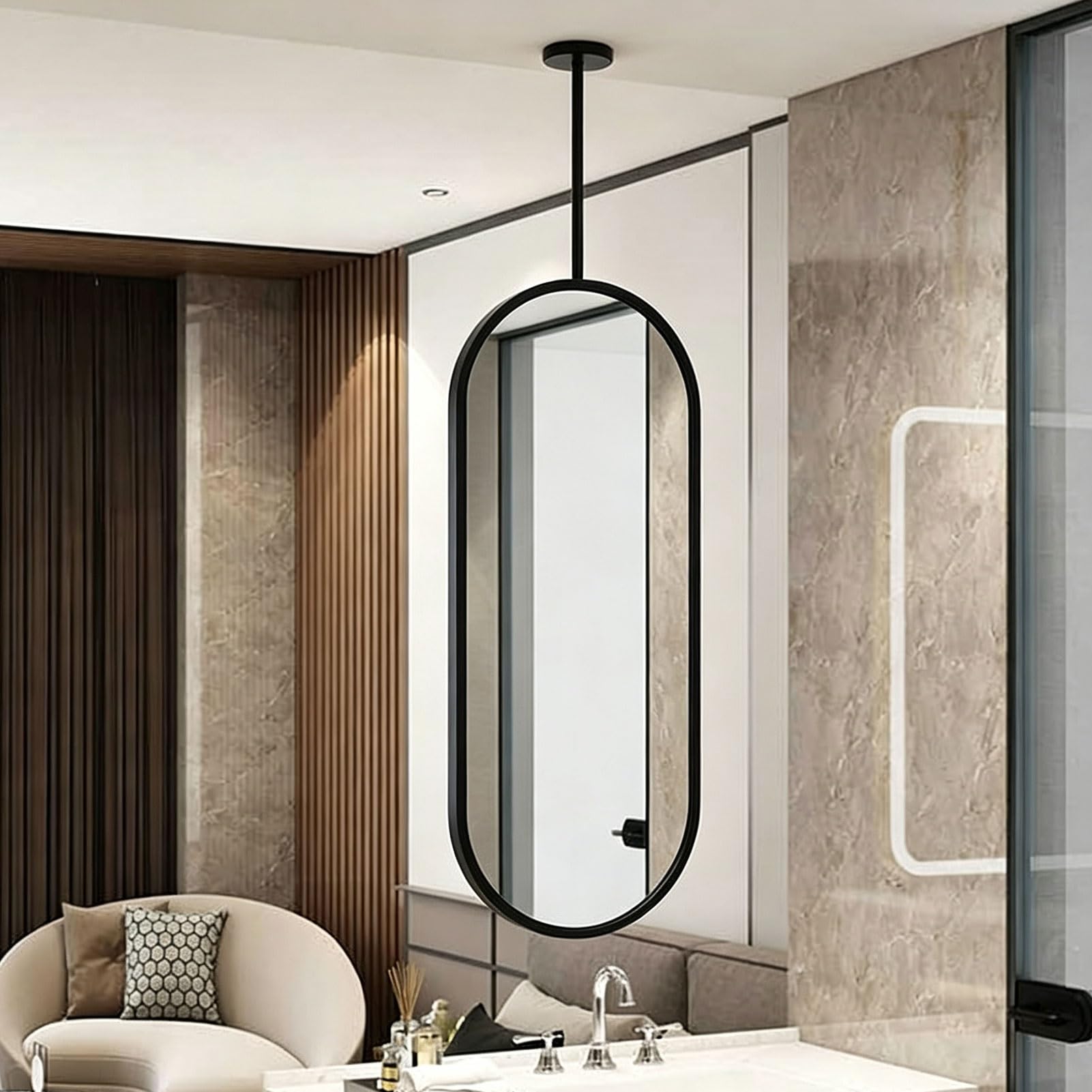Miroir de courtoisie Ovale Suspendu, Miroir de Salle de Bains Suspendu | Miroir décoratif incassable HD,pour salle d'eau,chambre à coucher,plusieurs tailles peuvent être personnalisées(50cmx70cm)