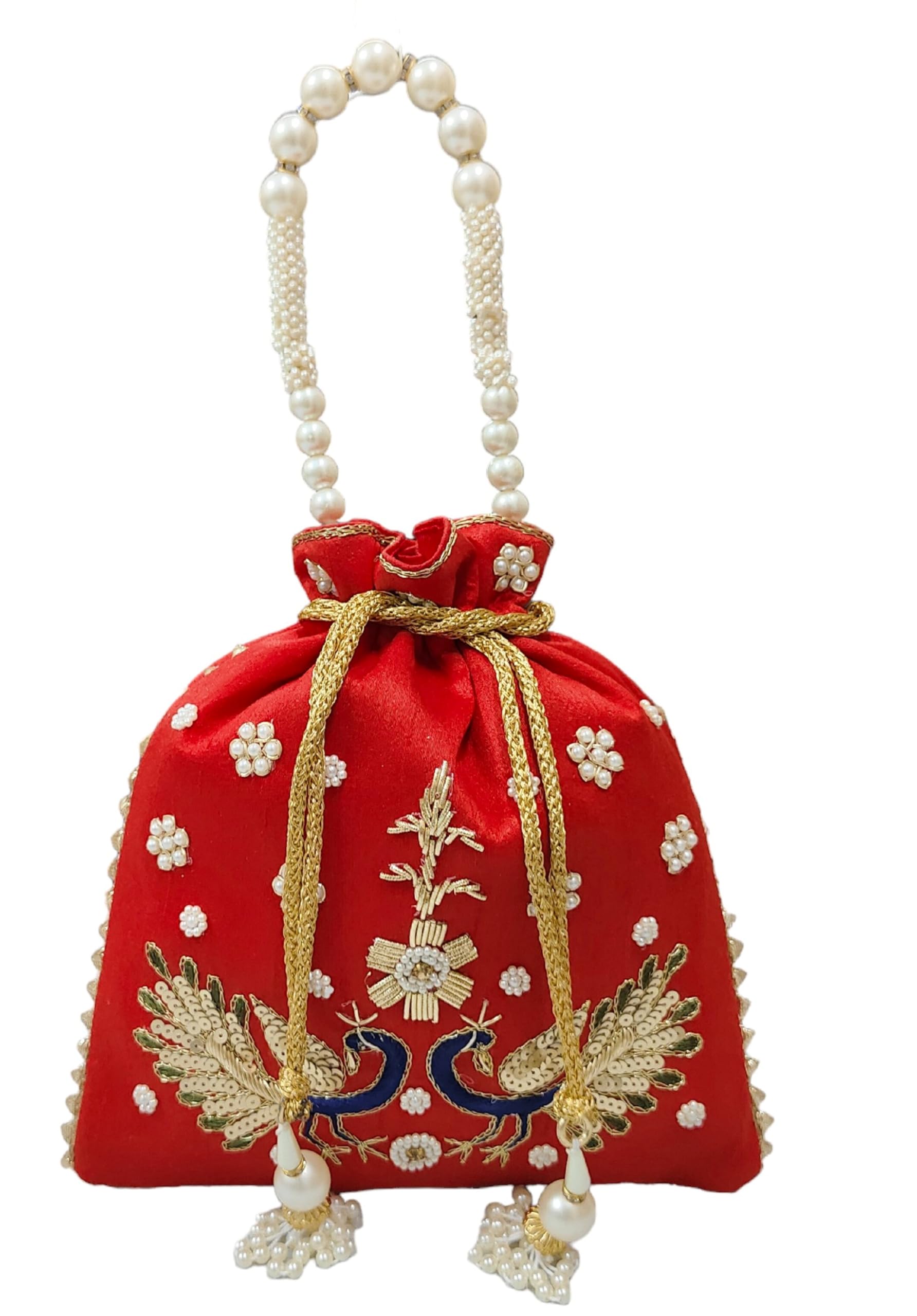EK PAHECHAN Womens Handmade Peacock Raw Silk Embroidery Zardosi & Sequence Work Potli Bag with Golden Beads Handle (Red) (B0D1YBTQV1) Amazon Price History, Amazon Price Tracker