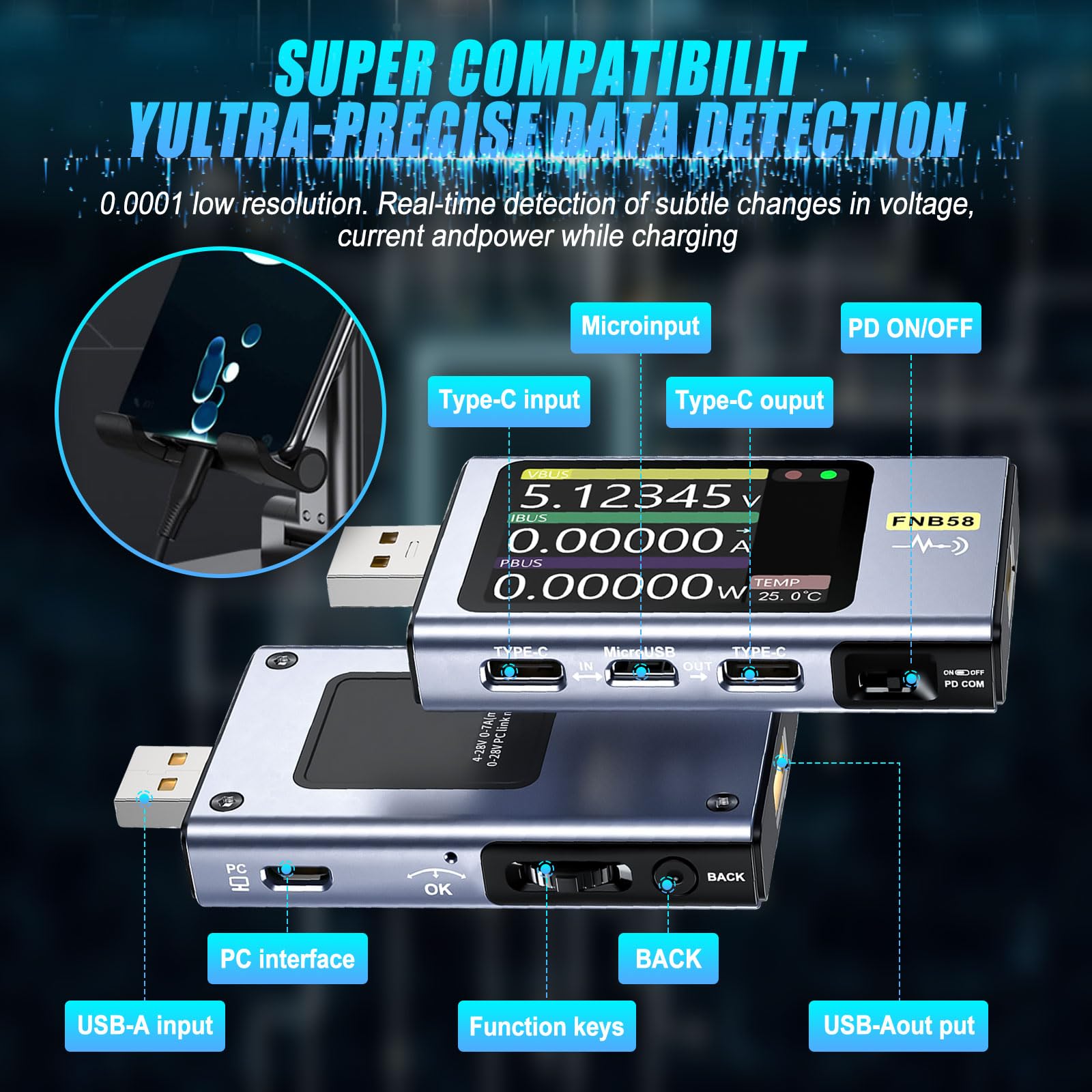 FNB58 Testeur USB 4-28 V 7 A LCD USB-A&C Voltmètre Ampèremètre Testeur Multimètre avec Bluetooth, protocole de charge rapide USB de type C, testeur de capacité, déclencheur PD, voltmètre numérique