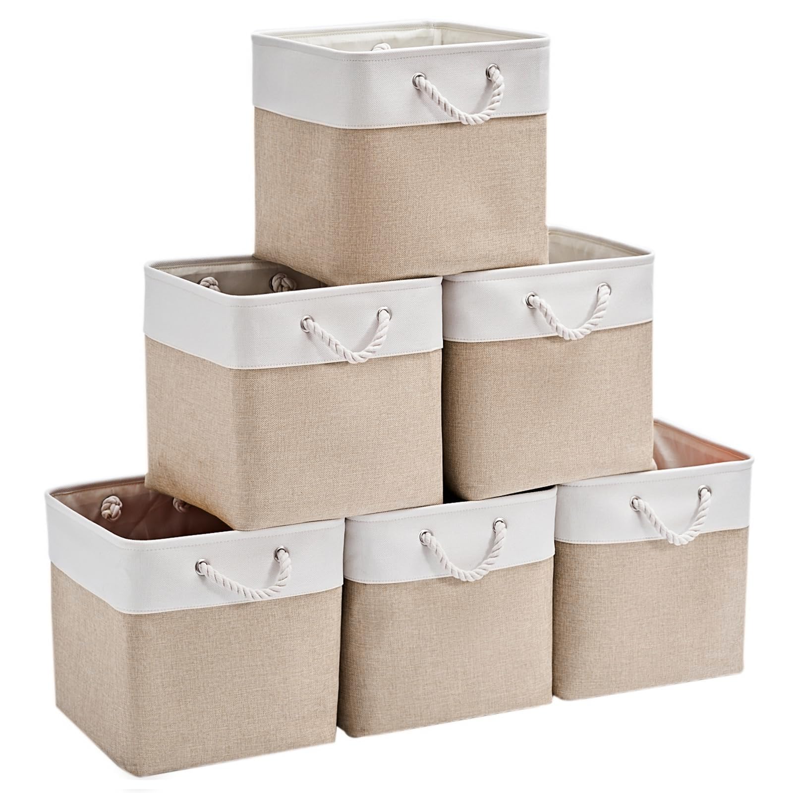 Set da 6 scatole portaoggetti cubiche 28x28 cm in tessuto, con manici in corda di cotone, per riporre abiti, cameretta dei bambini e casa (Cachi/Bianco)