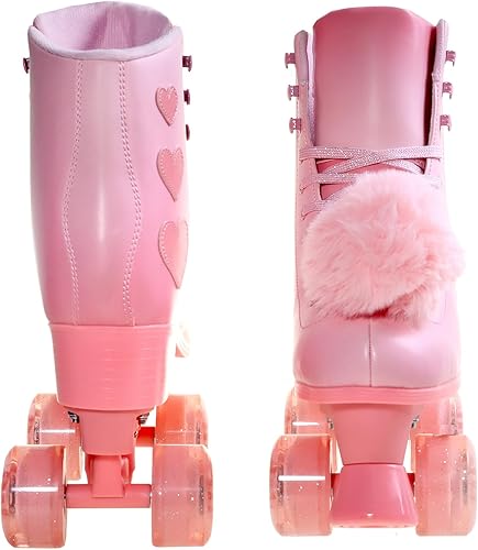 Miniatura 6 de Patines de ruedas para mujer, patines de piel sintética de alta calidad, cuatro ruedas rosadas brillantes de doble fila, patines cuádruples para