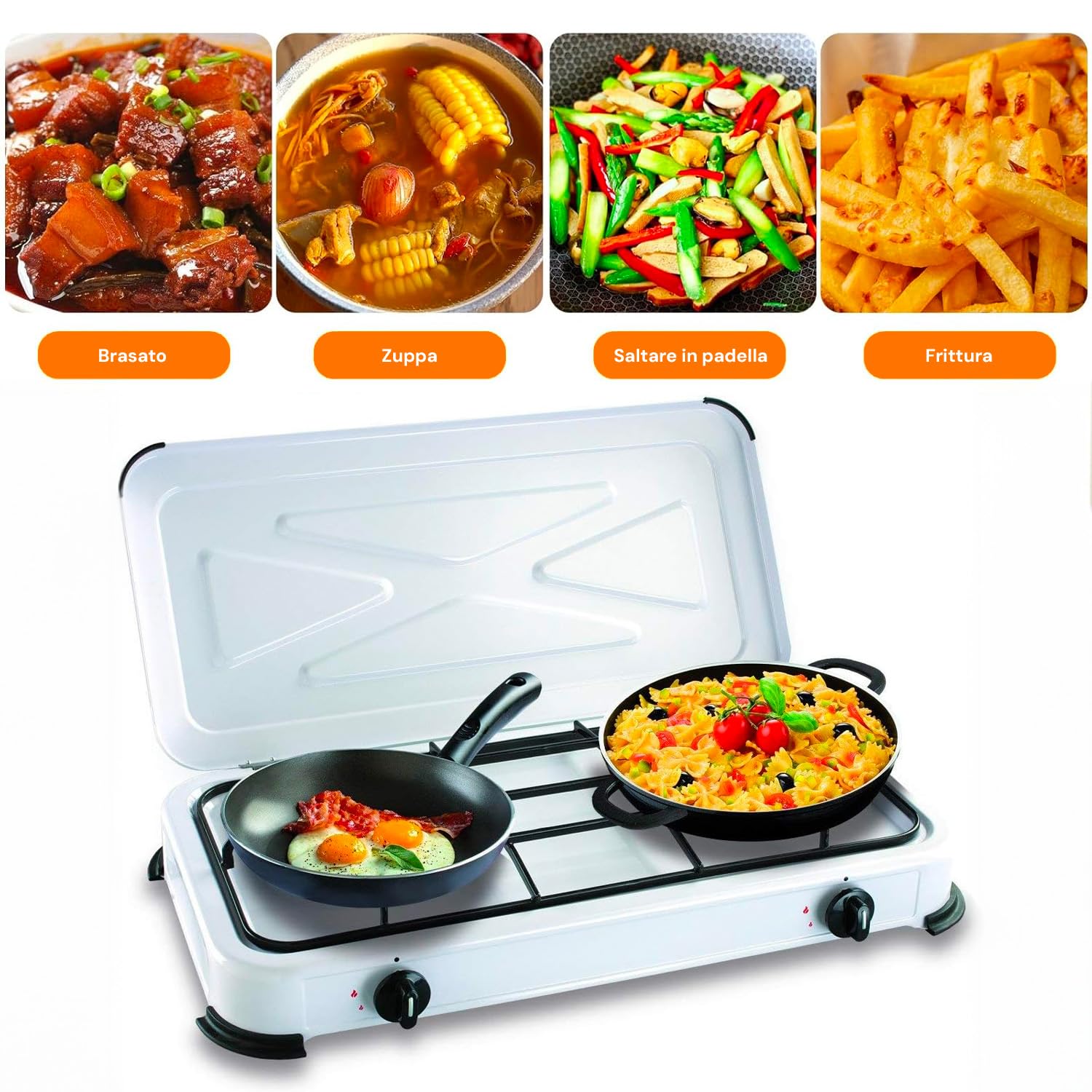 Avilia Fornello a Gas GPL in Acciaio con 2 Fuochi e Coperchio Antipolvere Portatile - Ideale per Cucinare Diverse Pietanze in Spazi Piccoli o all'Aperto - Piedini Antiscivolo e Fiamme Regolabili