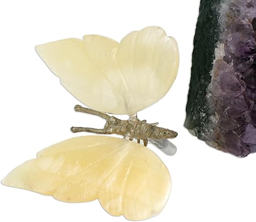 Miniatura 3 de NOVICA Escultura artesanal de piedras preciosas hechas a mano con mariposas en miel, calcita, amatista, morado, amarillo, latón, Brasil, NAT Geo