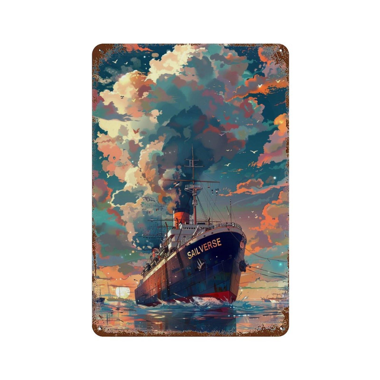 Vivid Sunset Sailboat Scene 11.8"x7.9" Distressed Metal Wall Sign, Shabby Chic Decor for Shed, Workshop And Garage Wall Decor