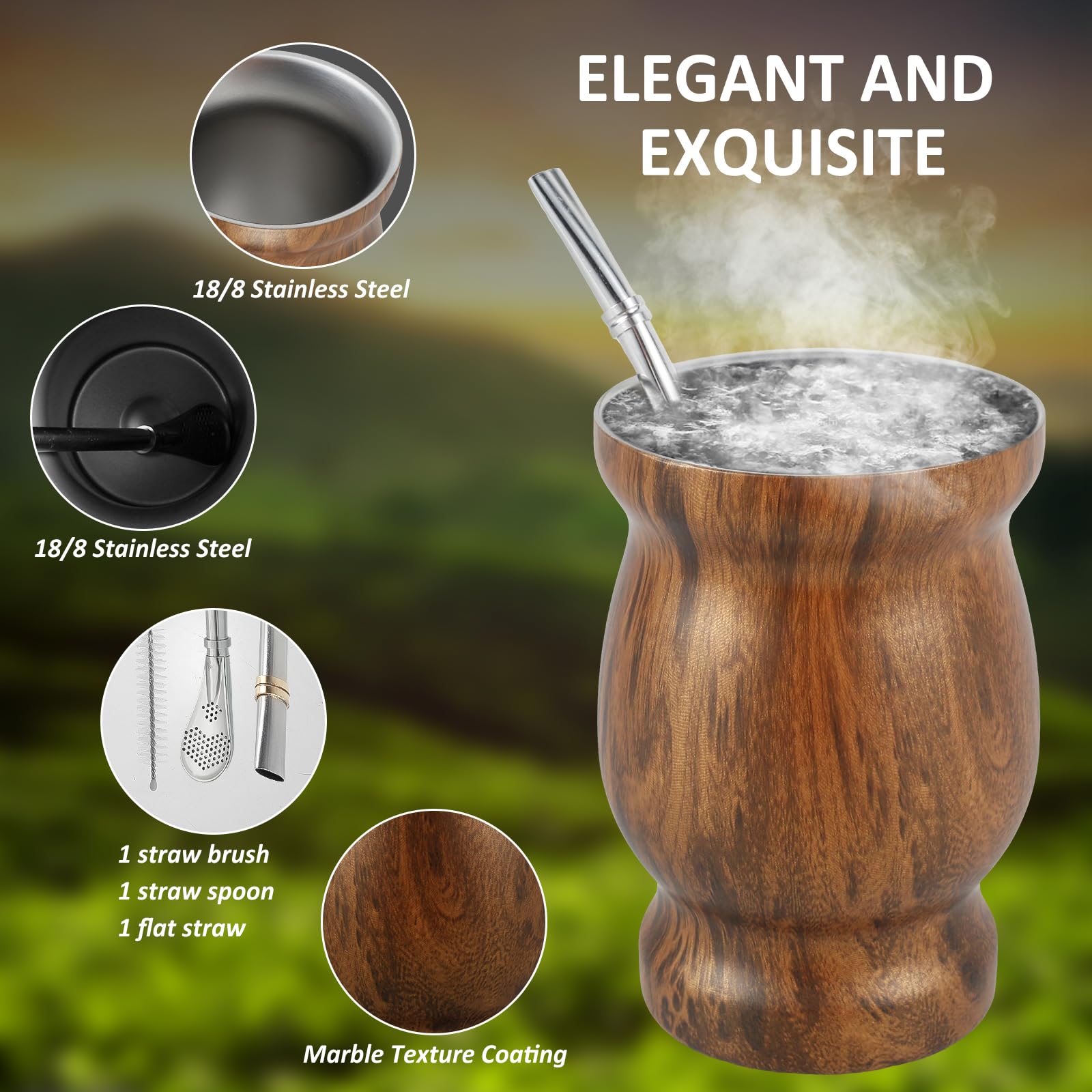 LZVXTYM 8oz Yerba Mate Cup, Stainless Steel Mate Tea Cup Set with Straw Brush Straw Spoon Flat Straw & Lid, Insulated Yerba Mate Cup, Yerba Mate Gourd Cup for Mate Tea Coffee (Wood Grain)