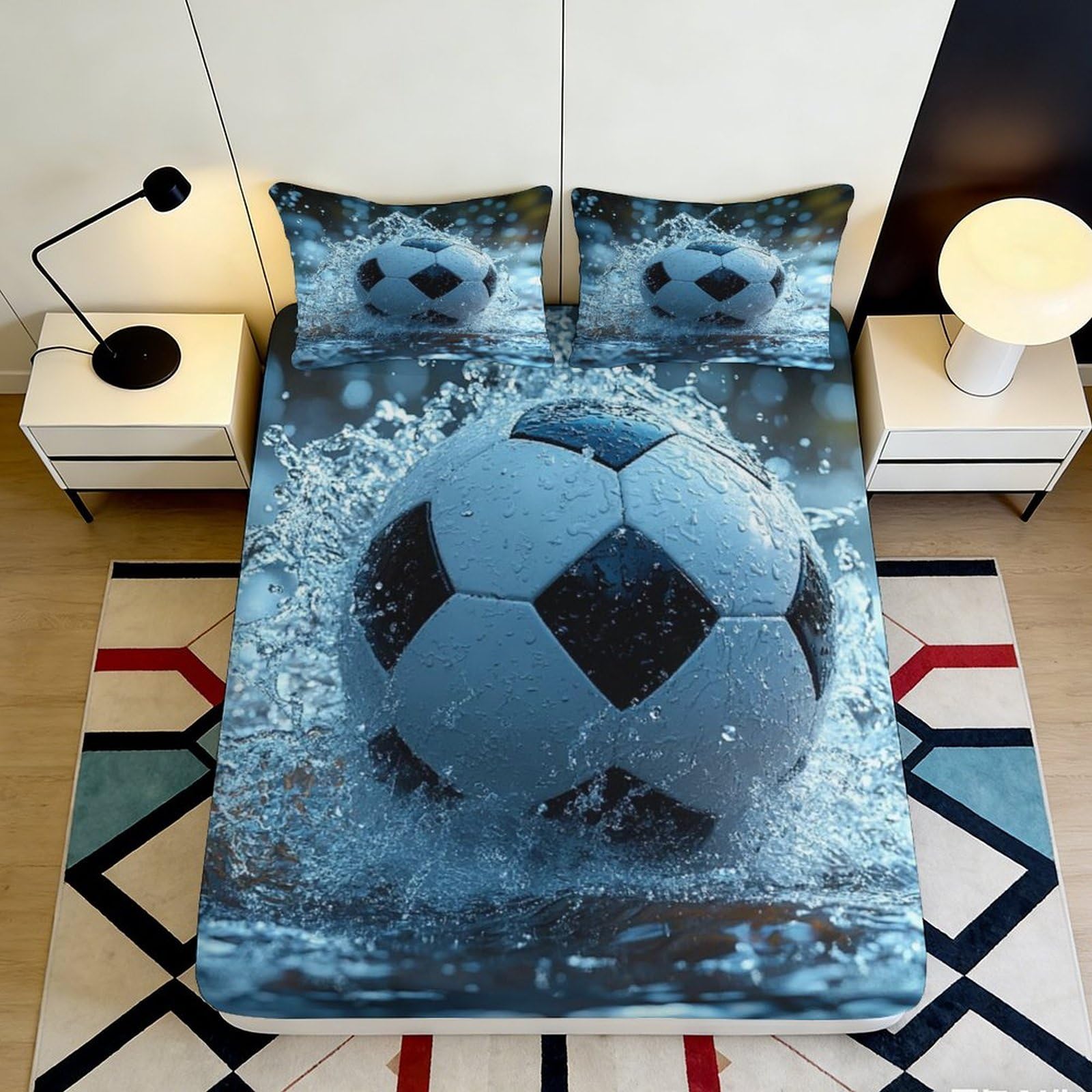 3D Printed Splash Soccer Ball Fitted Sheet Microfiber Breathable Blue Water Bed Cover for Bedroom Dorm Mattress Protection 140x200x25cm