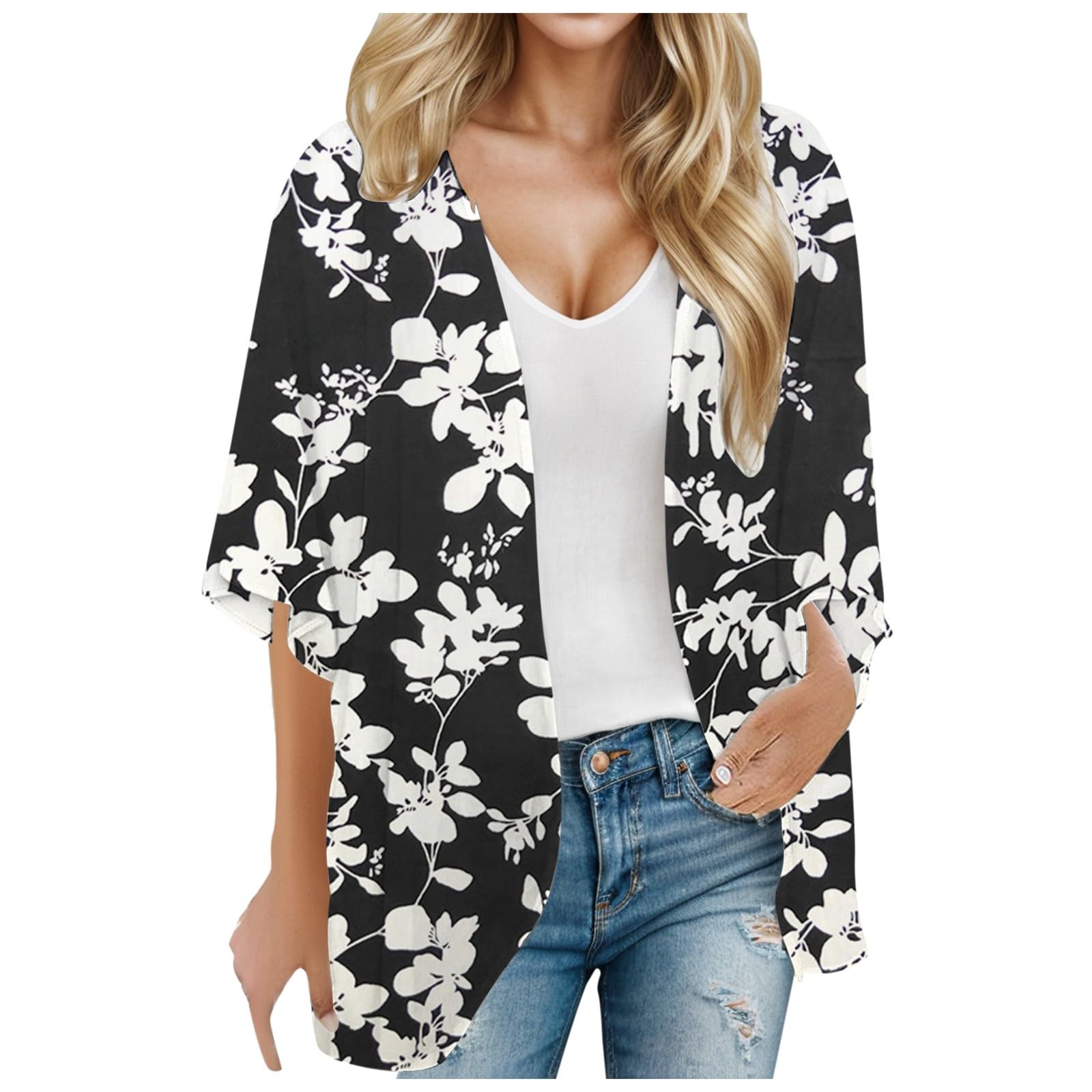 Briskorry Cárdigan fino de playa para mujer, chaqueta de hombro de gasa con bolsillos, elegante y festivo, manga larga, chaqueta de bolero, ligera, manga larga, chaqueta estampada para uso diario