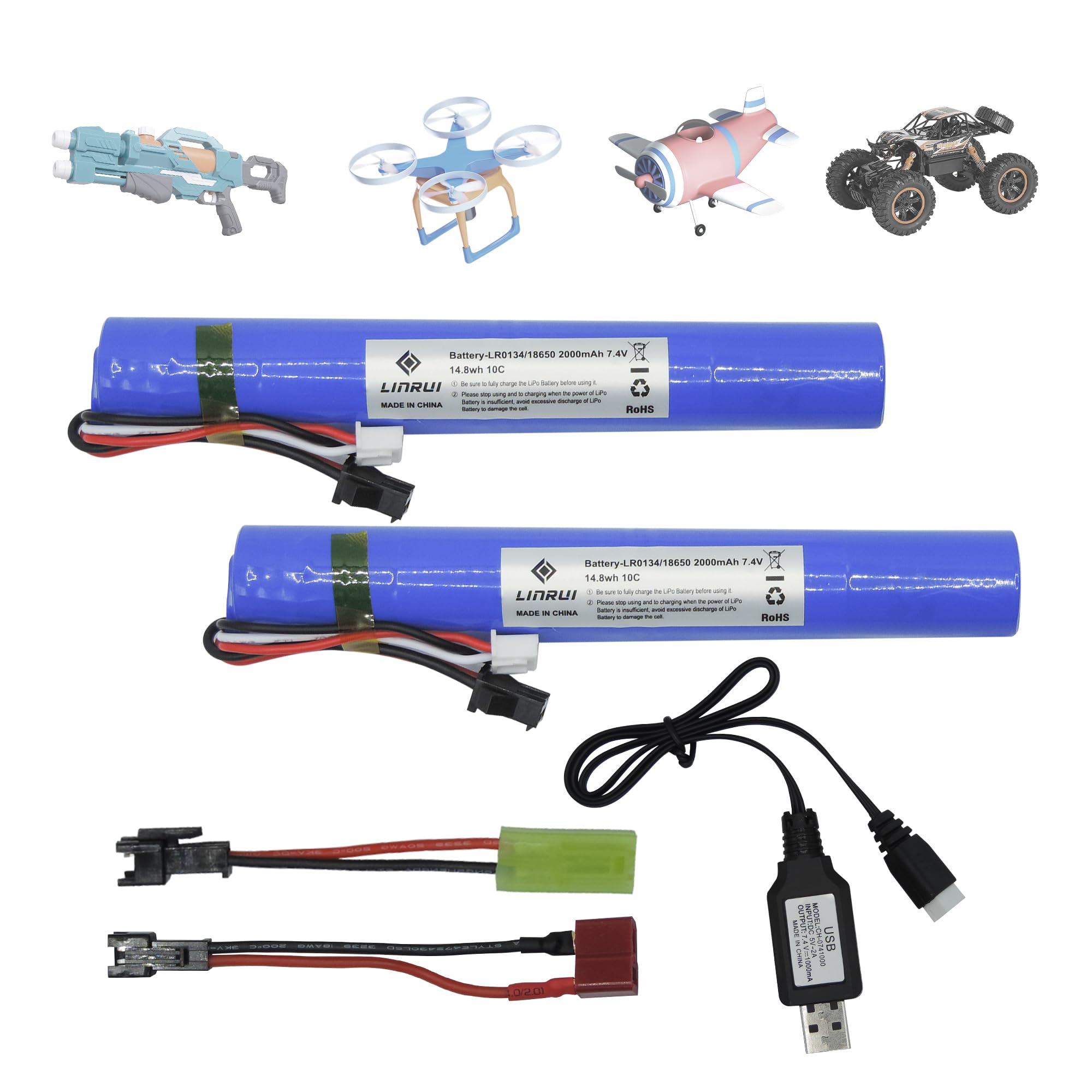 LinRui 2PCS 7.4V 2000mAh Battery Splatter Ball Gun Battery, for SRB1200 400 400-SUB Airsoft or Water-Gun Toy with USB Charging Cable Rechargeable Lithium Battery SM2P XH-3 Plug