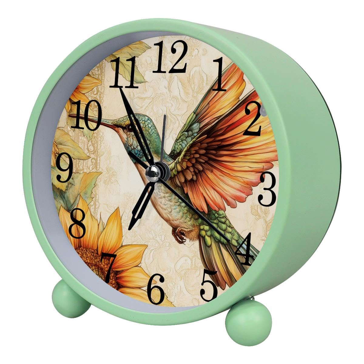 Luoweisi Alarm Clock Sunflower Hummingbird, Silent Non-Ticking with Night Light, Round Metal Alarm Clock for Office, Battery Operated, Bedroom, Elderly, Adults, Children, Student Gifts