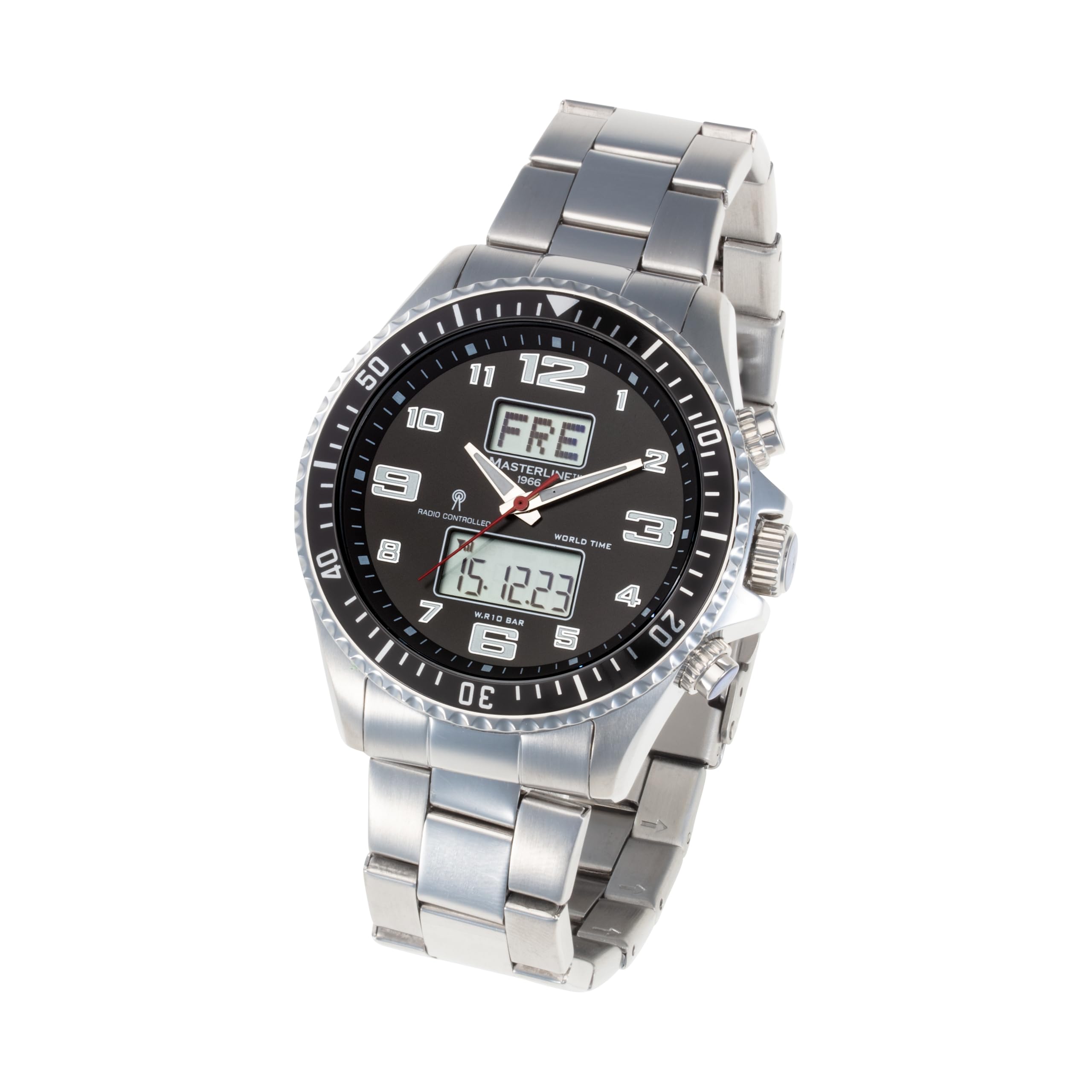 Funk Herren Armbanduhr Funkuhr World-Timer Schwarz Edelstahl ML06266002