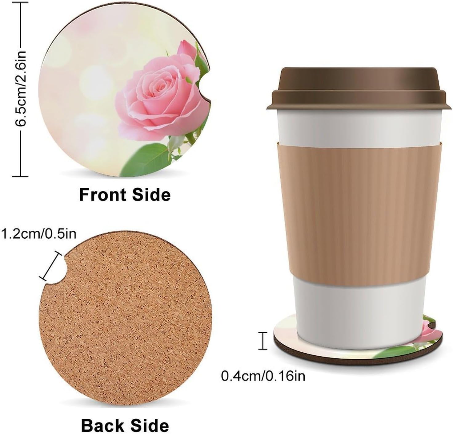 A Beautiful Rose Cute Car Coasters 2.56 Inch Absorbent Cup Holder for Drinks Auto Interior Accessories