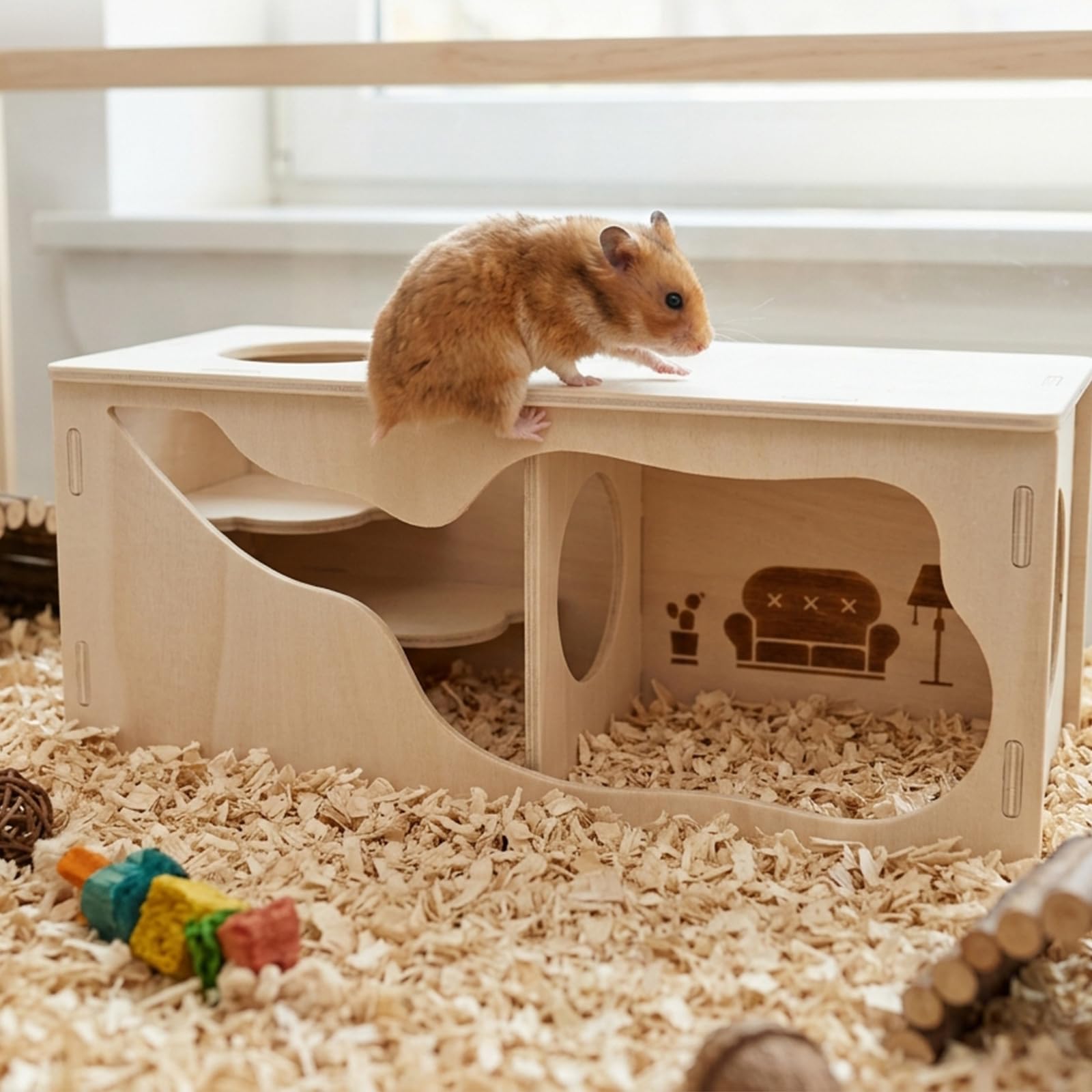 CWAGRQ Wooden Hamster Hideout House, Multi-Chamber Hides Habitat,30x12x12cm