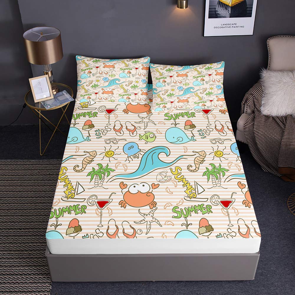 Drap housse avec taies microfibre 150x200 imprimé animal mignon et vagues en 3D