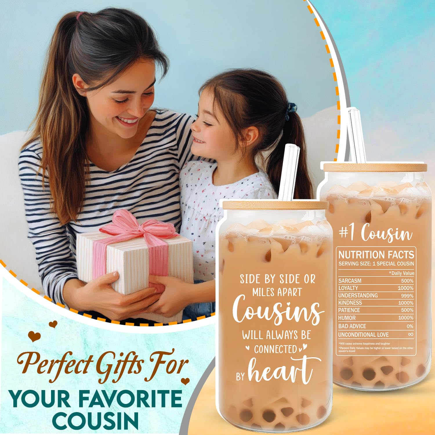 Cousin Gifts for Women - Female Cousin Christmas, Mothers Day, Birthday Gifts from Cousins - 16 oz Glass Cup with Lid and Straw