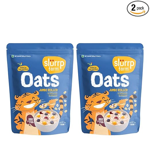 Slurrp Farm Rolled Oats, 100% Natural Wholegrain, High Protein & Fiber, Healthy Food with No Added Sugar, Breakfast Cereal, Healthy Snack, Dalia Porridge, Made for Kids, 500g X 2