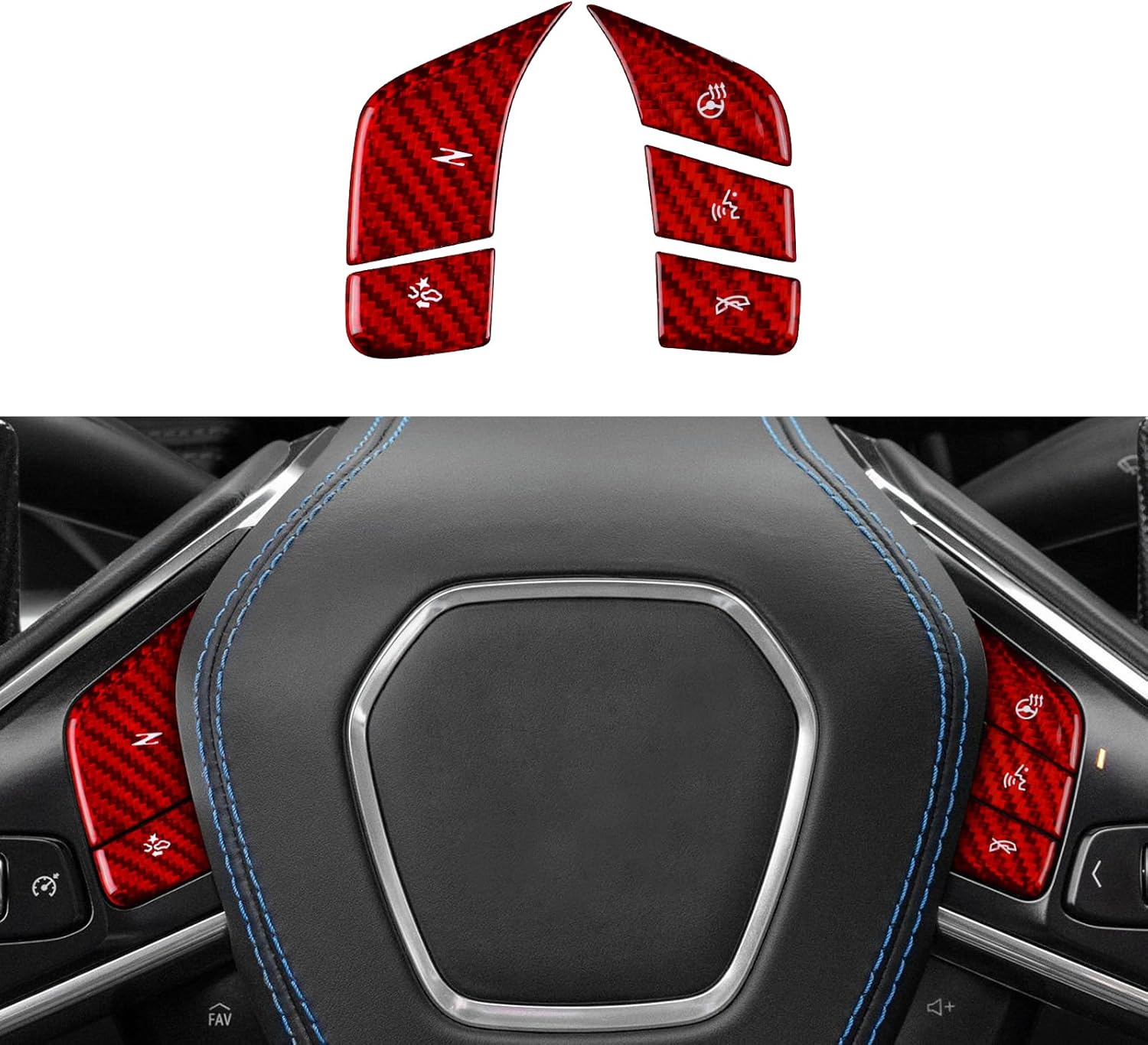 Real Carbon Fiber Steering Wheel Button Covers - 5PCS for Corvette C8 2024 2025 Carbon Fiber Accessories, Durable Anti-Scratch Protective Accessories (with Heating Button, Red)