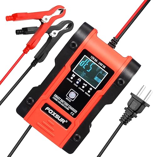 IEIK Cargador de batería automotriz 12V 6A - 24V 3A Cargador inteligente multifunción para automóvil, camión, motocicleta, cortacésped, barco, ATV,