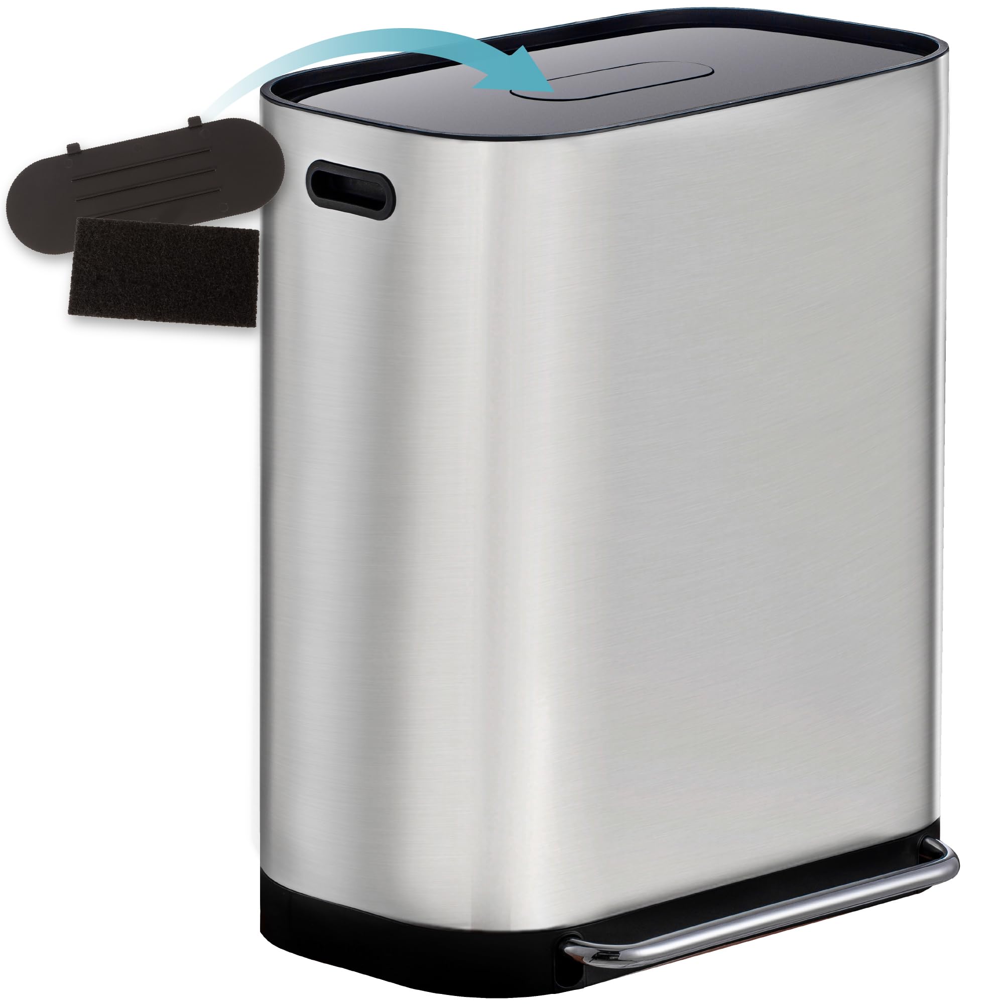Homra Dual Kitchen Bin 60l โ Double Rubbish Bins 2x30l โ 2 Compartment Pedal System โ Waste&Recycling Separation โ Soft Close Design โ Inner Buckets with Handles โ Stainless Steel โ Odour Filter