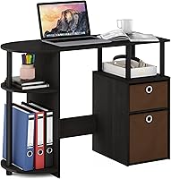 FURINNO Jaya Compact Computer Study Desk with Storage Bins, Brown - Space-Saving Home Office Furniture