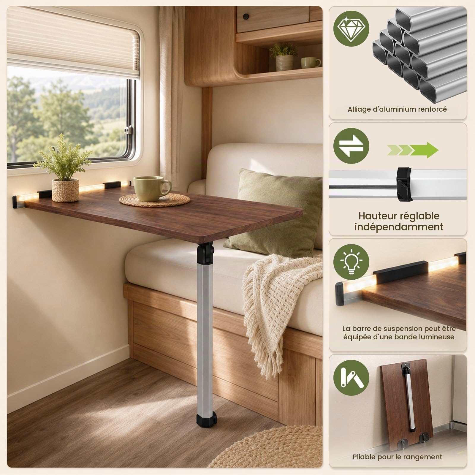 Camping-car Pied table et rail coulissant, 51–78cm Pied table télescopique