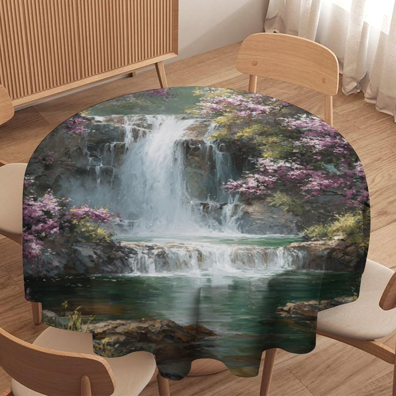 LUYYSKY Natural Aesthetic Spring Waterfall Round Tablecloth Beautiful Abstract Japanese Cherry Blossom Floral Washable Decor for Table Cover for Kitchen-91.4" Wx91.4 L cm
