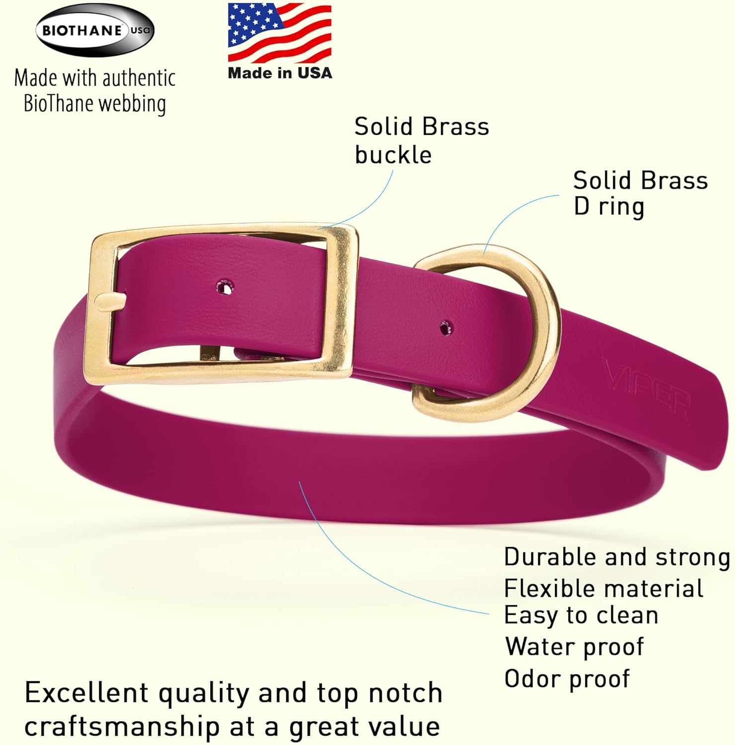 Viper Biothane Heavy Duty Waterproof Dog Collar Strong Coated Nylon Webbing w/Solid Brass Hardware Odor-Proof Easy to Clean High Performance Fits Small Medium or Large Dogs, Magenta Pink
